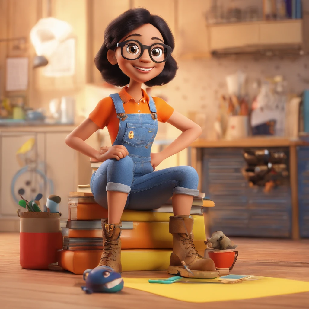 create a 3D movie poster inspired by Disney Pixar, The scene should be in Pixar's signature digital art style, com uma menina, pele branca, olhos escuros, wearing black prescription glasses, cabelo longo, liso ondulado, ruiva acobreado escuro, with dental appliances , Wearing a black tank top with denim overalls and black boots on her feet.