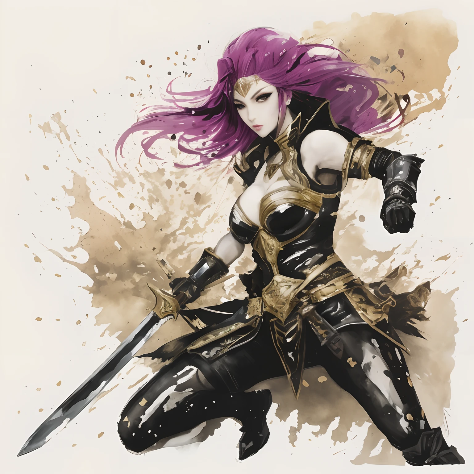 a woman with a sword and a pink hair, beautiful warrior woman, ((perfect eyes)), (((beautiful face))), billowing pink hair, holding a sword, bare legs, red lips