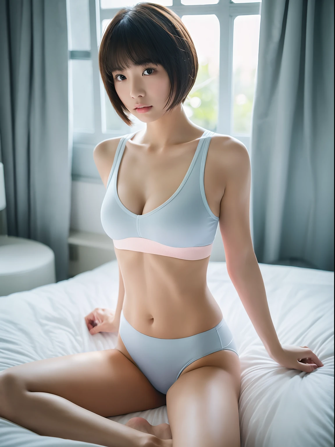 (Top image quality, 8K, masterpiece), top-quality, 超A high resolution,Japan Girl, 18year old、On a modern bed、Sportsbra、Low-rise panties、sitting on、kawaii faces, Melancholy look, 二重まぶた、large full breasts、Curly Bob Cut Hair、Rooms with pastel furnishings、电影灯光, Photorealsitic, real looking skin, nffsw, 35 mm, Shot with Leica,