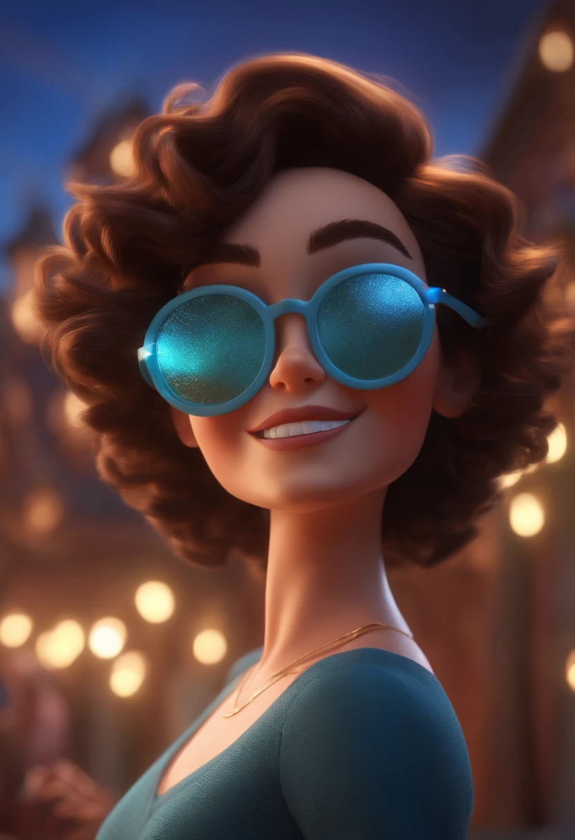 Pixar style image with 3D character white glasses brunette woman short curly hair dancing, Maquiagem Disney,Pescador, bonitinho, sorridente ,Close-up, Pixar, Disney, Cinema lighting,