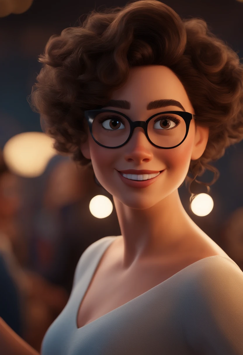 Pixar style image with 3D character white glasses brunette woman short curly hair dancing, Maquiagem Disney,Pescador, bonitinho, sorridente ,Close-up, Pixar, Disney, Cinema lighting, pele clara, cabelo preto