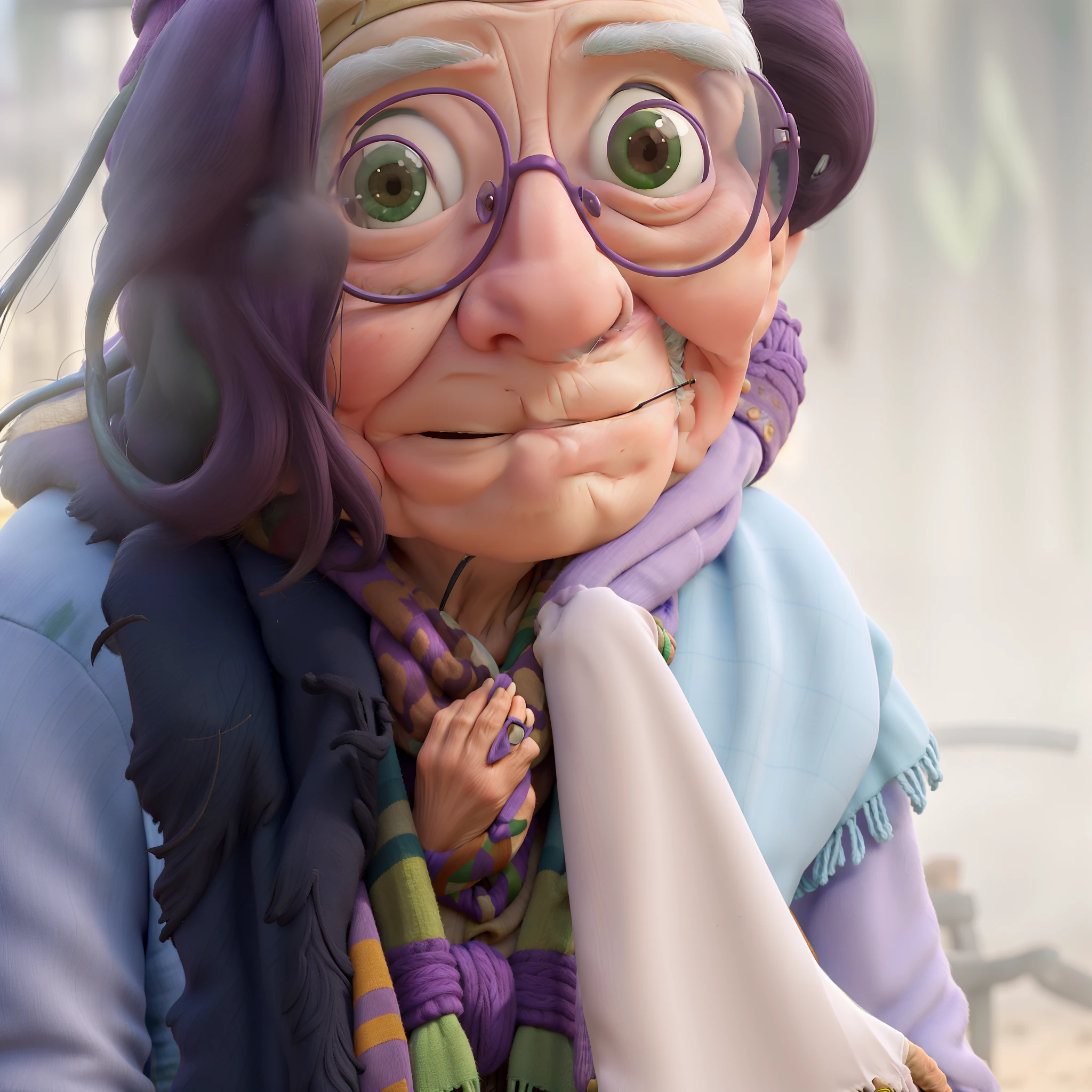 masterpiece, best quality, an old woman with glasses and a scarf on, wearing a purple coat and green scarf, standing at the park