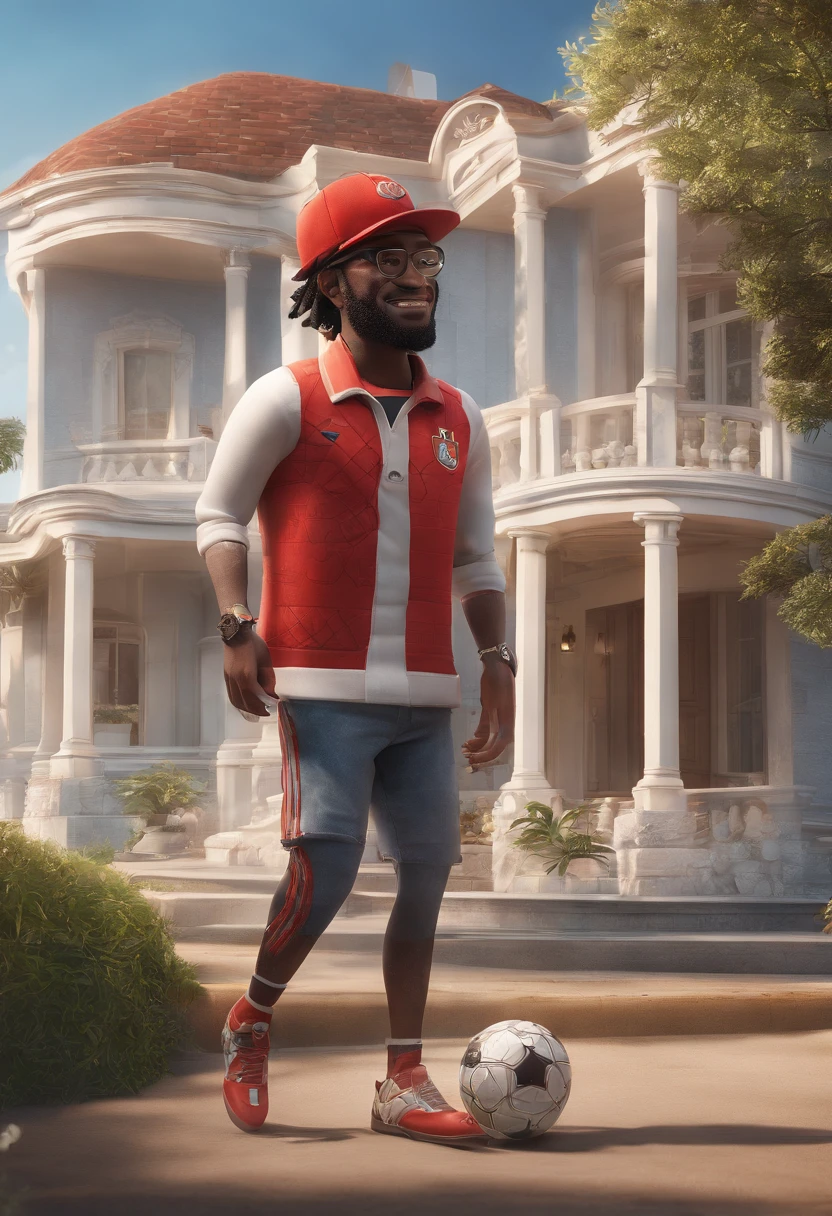 Pixar-inspired 3D poster capturing a scene with a 38-year-old man, pele clara, with dreadlocks on the head, Wear glasses with clear rims, vestindo uma camisa de futebol do Benfica, 1.80 cm de altura, com jeans apertado, athletic build, gordinho, Wearing cap watching football game