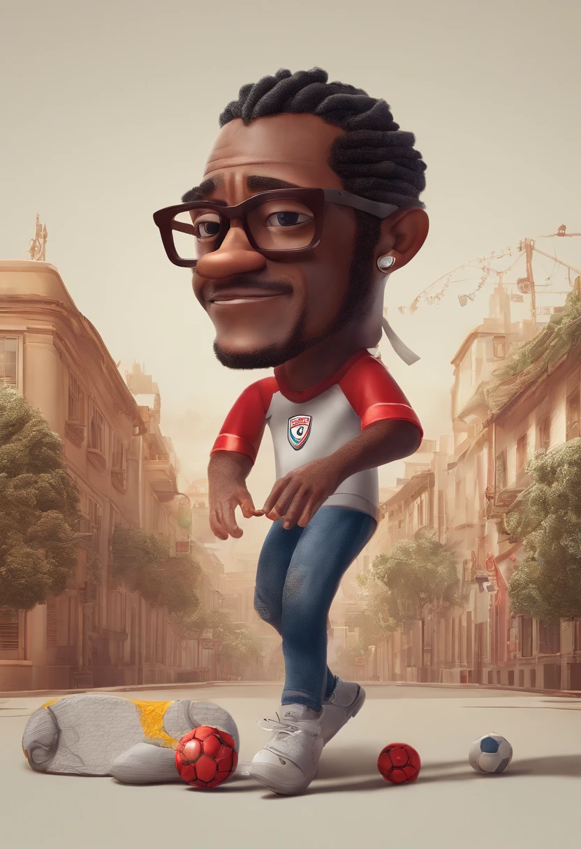 Pixar-inspired 3D poster capturing a scene with a 38-year-old man, pele clara, with dreadlocks on the head, Wear glasses with clear rims, vestindo uma camisa de futebol do Benfica, 1.80 cm de altura, com jeans apertado, athletic build, gordinho, Wearing cap watching football game