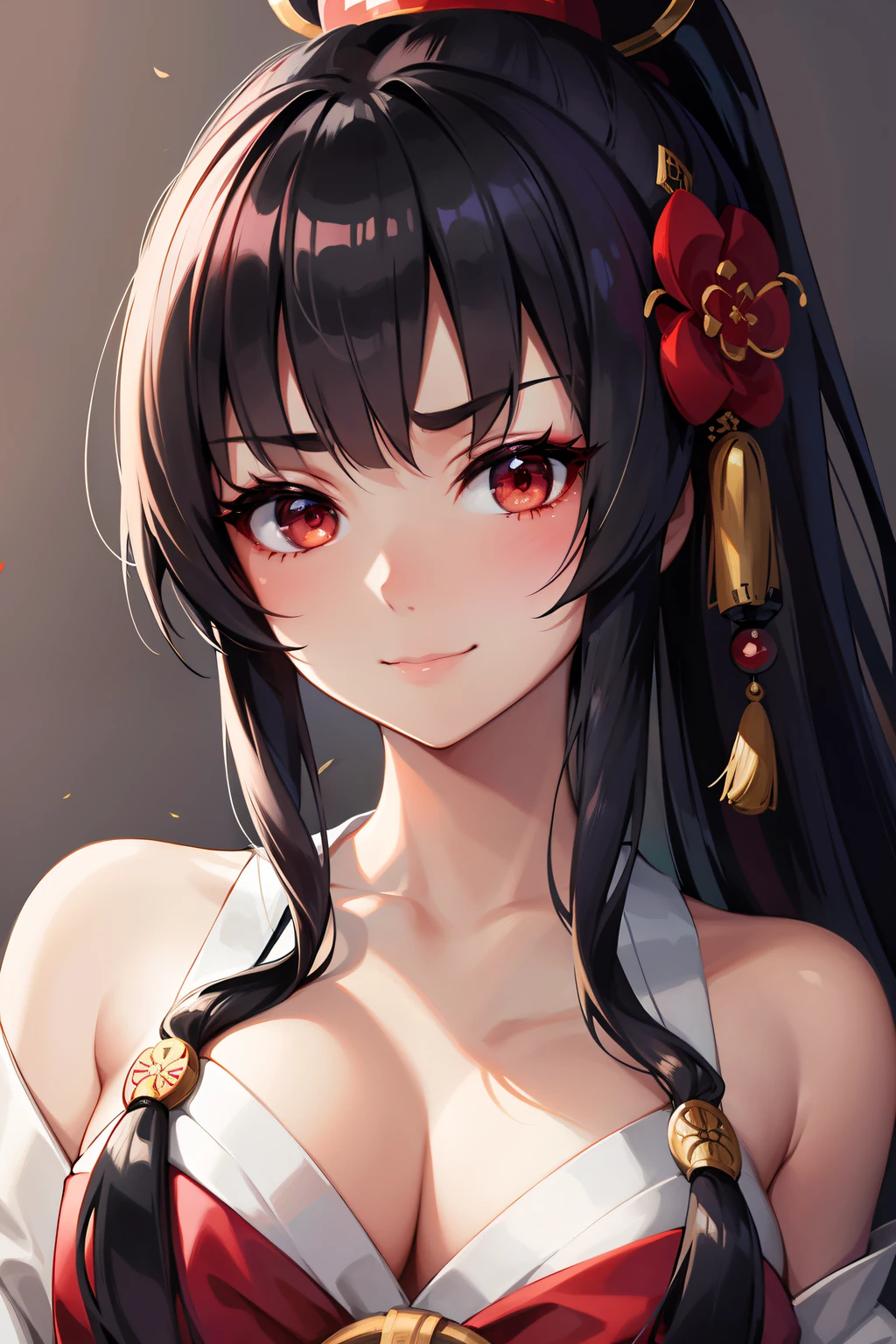 Masterpiece, best quality, high quality, closeup, solo anime portrait, female, 1girl, Geisha wears a layer of white face powder, with a red or pink accent color applied to the lips and eyes. The eyes are emphasized with black or brown eyeliner and mascara, and the eyebrows are painted thinly and high on the forehead. The geisha's hairstyle is also an important part of their appearance, often consisting of elaborate updos adorned with hair ornaments such as combs, flowers, and hairpins. Geisha typically wear a kimono, which is a long, flowing garment made of silk or other high-quality fabrics. The kimono is often brightly colored with intricate patterns, and it is worn with an obi, which is a wide sash that is tied at the back. Geisha also wear zori, which are traditional Japanese sandals, and tabi, which are white socks, JRPG art, trending on caravaggio, intrinsicated and detailed smiling, looking at camera, cute face, face focus, highly-detailed, top lightning, trending on pixiv, HD digital, 32k, vibrant colors