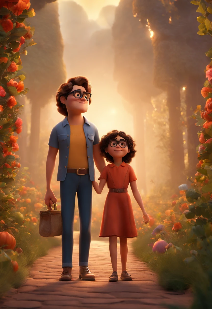 Pixar style image with 3D character black glasses is mother and son all have straight dark brown hair.