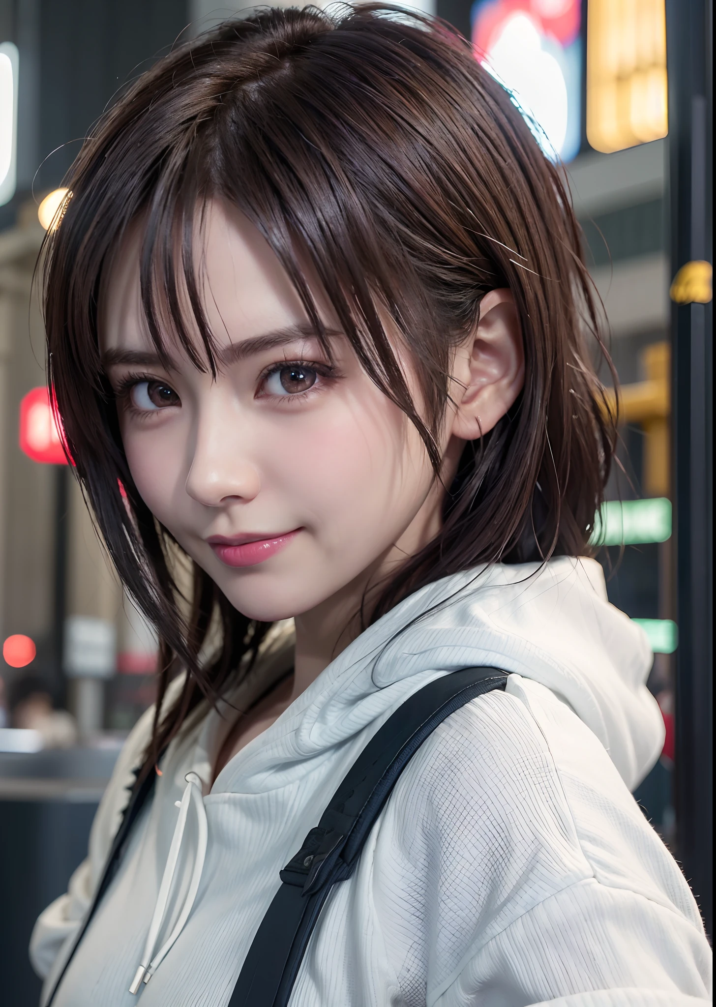 top-quality、8K Masterpiece、超A high resolution、(Photorealsitic:1.3)、Raw photo、女の子1人、Short bob hair、dark brown hair、((slightly disheveled hair))、glowy skin、((super realistic details))、portlate、globalillumination、Shadow、octan render、8K、ultrasharp、beauty breast、cold color、、highly intricate detail、Realistic light、Beautiful eyes、Facing the camera、neon details、((Oversized white hoodie))ssmile,((The background is in front of Shibuya Station))、Real image quality