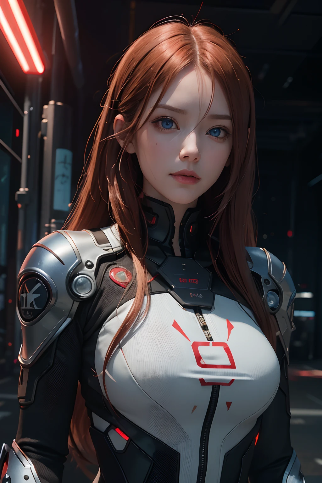 The highest image quality, pending details, ultra-high resolution, (Reality: 1.4), the best illustration, favor details, 1girl , with a delicate and beautiful face,dressed in a black and red mecha, giant breasts and deep cleavage, blonde hair with pink highlights, Blue eyes, holding a directional controller, riding a motorcycle, the background is a high-tech lighting scene of the future city.