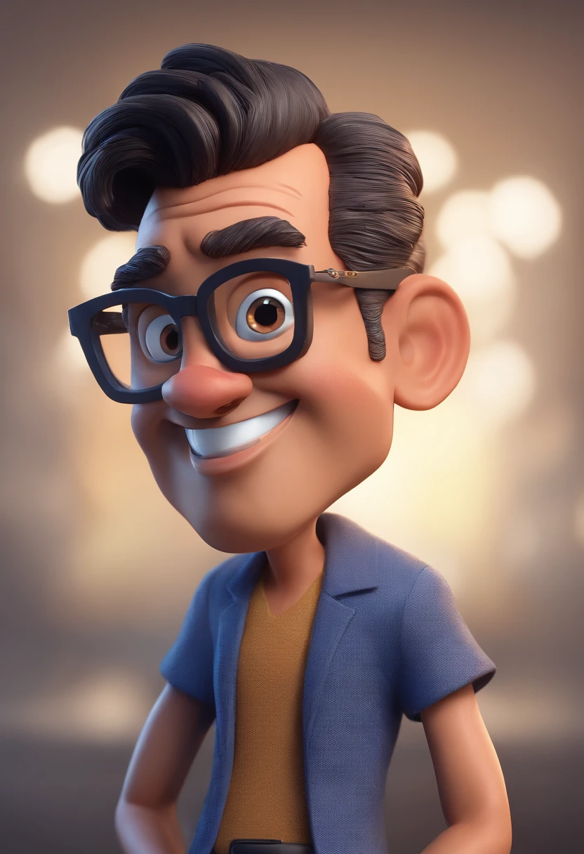 Cartoon character of a man with black glasses and a blue shirt, animation character, Caractere estilizado, animation style rendering, 3D estilizado, Arnold Maya render, 3 d render stylized, toon render keyshot, Personagem 3D, Personagem 3D, 3d rendering stylized, 3 d character render, personagem de desenho animado, Personagem de close up, Pose de personagem,  (Estilo Pixar) (master part:1.2) (Bokeh) (best quality) (pele detalhada) (textura detalhada) (8k) (argila) (Cinematic lighting) (foco nítido