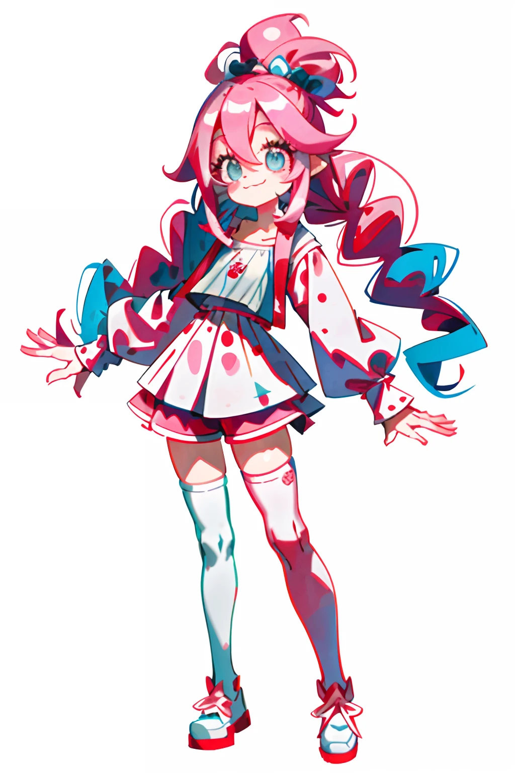 Crazy, girl, long hair, curly hair, pink hair, full body picture, pink eyes, heart shaped pupils, insane smile, blood splatter, 1GIRL, insane girl in long pink hair, crown, princess bubblegum style, finely detailed, (best quality), (intricate details), cute style, loli, jester style, multicolored, ((long pink messiest hair in pigtails)), best quality, ((long sleeve shirt and shorts)), ((red and white clothes)), ((jester style clothes)), ((thigh high socks)), ((round eyes)), ((has jester makeup)), beautiful face, happy, cute face, pinup, perfect face, simple background portrait, clowh hear cards, bubble gums