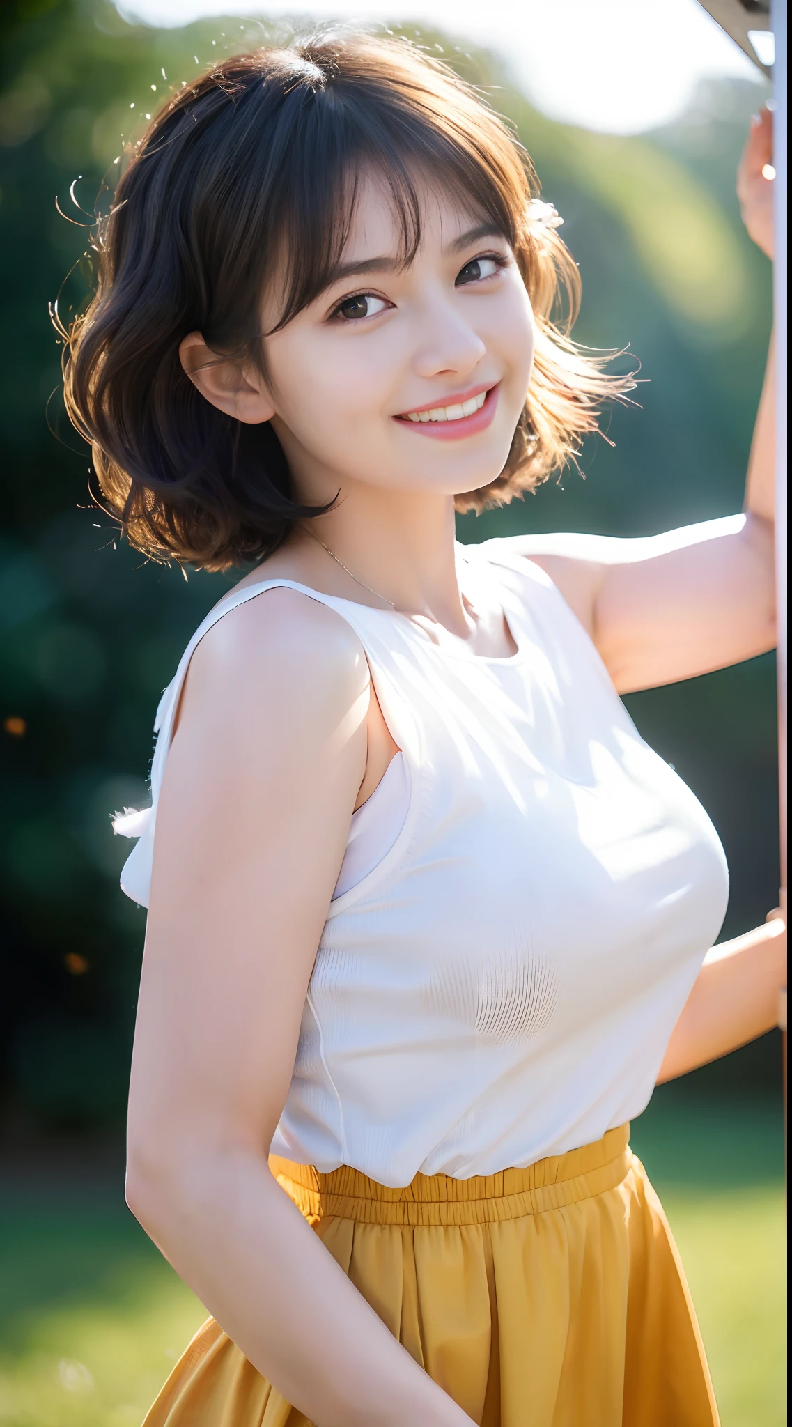 masterpiece,best quality,official art,extremely detailed CG unity 8k wallpaper,1girl, like student,pretty,an extremely delicate and beautiful,ultra high res, (photorealistic:1.4), ,golden hour lighting,,(upper body), (platinum short hair:0.8), ((puffy eyes)), looking at viewer, facing front, smiling, laughing,jk skirt, white dress,shirtlift, long black hair
