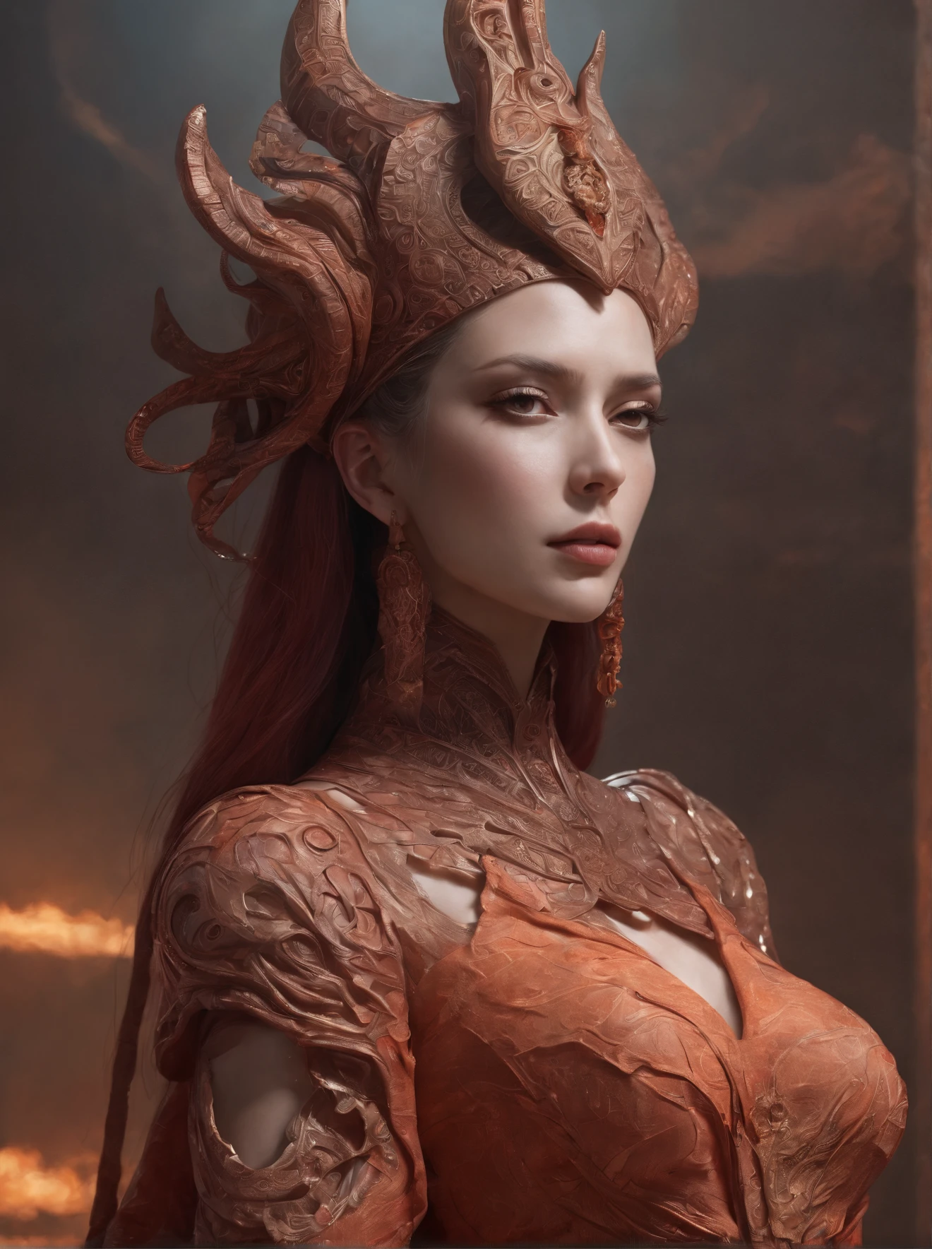 fantasy desert, gaisha, bones road, red dress with orange Gustav Klimt pattern, hyperdetailed painting, ZBrush Central, fantasy art, album cover art, 8k, octane render, sf, intricate artwork masterpiece, ominous, matte painting movie poster, golden ratio, trending on cgsociety, intricate, epic, trending on artstation, by artgerm, h. r. giger and beksinski, highly detailed, vibrant, production cinematic character render, ultra high quality model