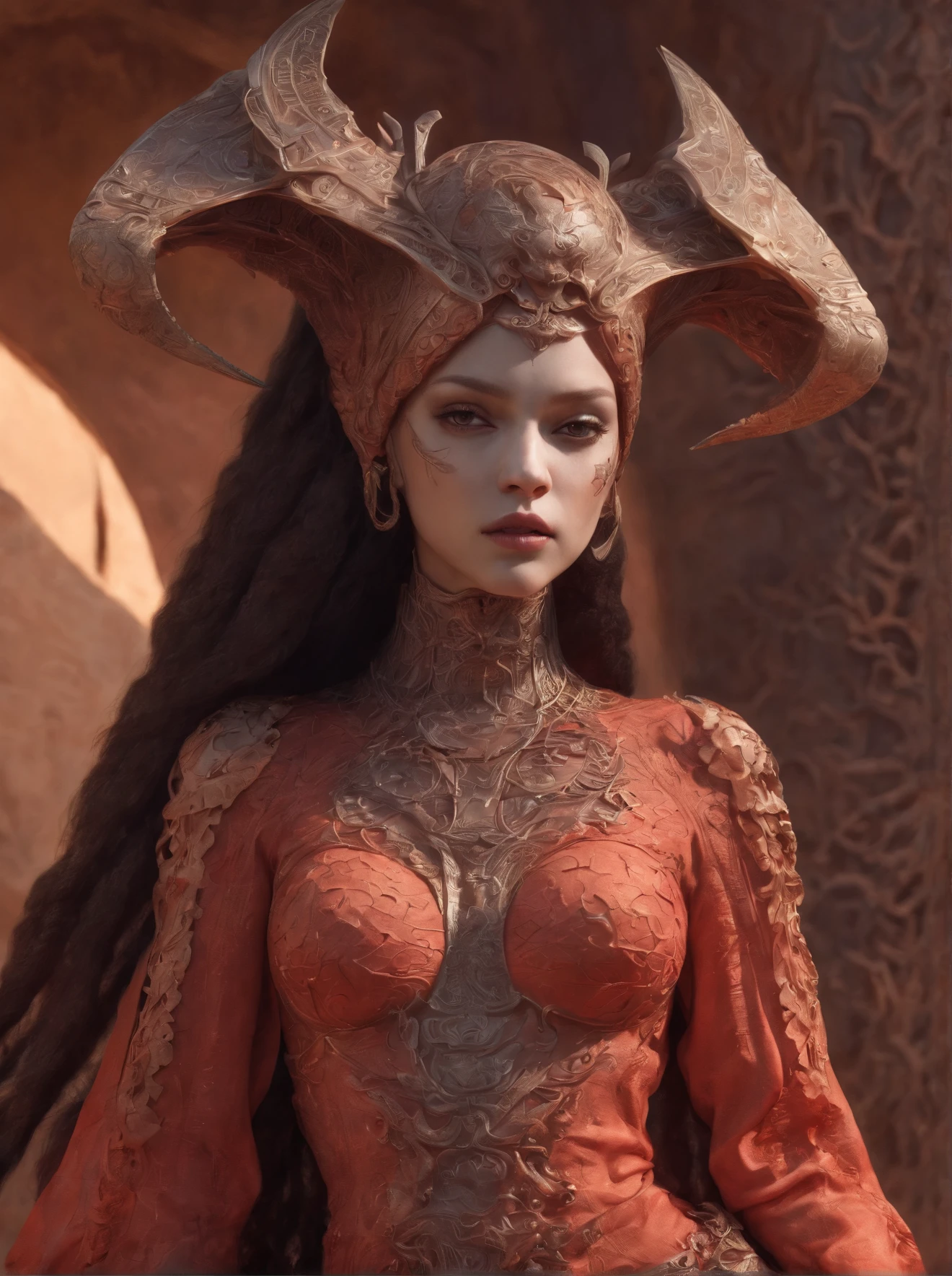 fantasy desert, gaisha, bones road, red dress with orange Gustav Klimt pattern, hyperdetailed painting, ZBrush Central, fantasy art, album cover art, 8k, octane render, sf, intricate artwork masterpiece, ominous, matte painting movie poster, golden ratio, trending on cgsociety, intricate, epic, trending on artstation, by artgerm, h. r. giger and beksinski, highly detailed, vibrant, production cinematic character render, ultra high quality model