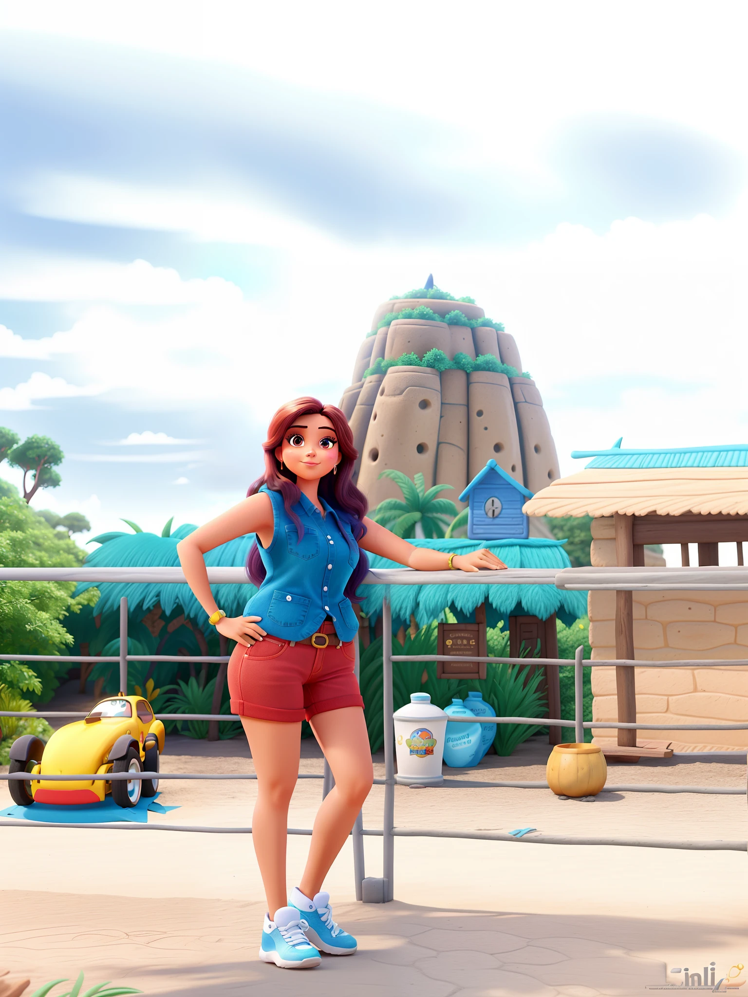 Mulher morena de cabelos longos pretos no estilo pixar na melhor qualidade, ao fundo montanha com cores intensas e realistas.