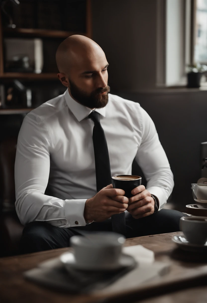 A 28-year-old man with a sawed-off beard and bald head wearing a white long-sleeved shirt and tie, drinking coffee, In a dimly lit office, шедевр, beste-Qualit, 8K UHD, DSLR, grain de film, Photorealistic painting Fujifilm XT3 midjourney art and Greg Rutkowski