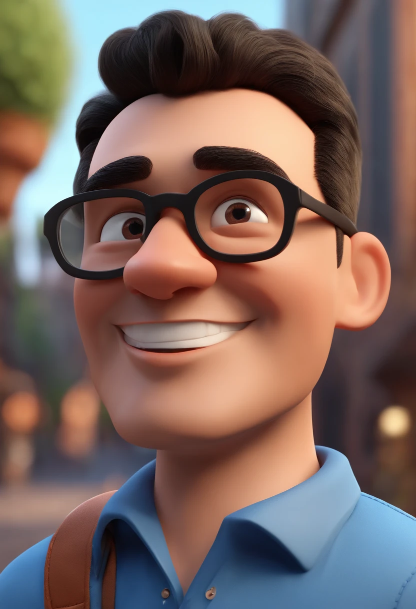 Cartoon character of a man wearing black glasses and a blue shirt, an animated character, stylized character, animation style render, Stylized 3 D, arnold maya render, 3 d render stylized, toon render keyshot, 3d character, 3 d character, stylized 3d render, 3 d character render, cartoon character, close up character, character posing, (Pixar style) (Masterpiece:1.2) (Bokeh) (Best quality) (Detailed skin) (Detailed texture) (8K) (Clay) (Cinematic lighting) (Sharp focus,Sits and leaks the upper body