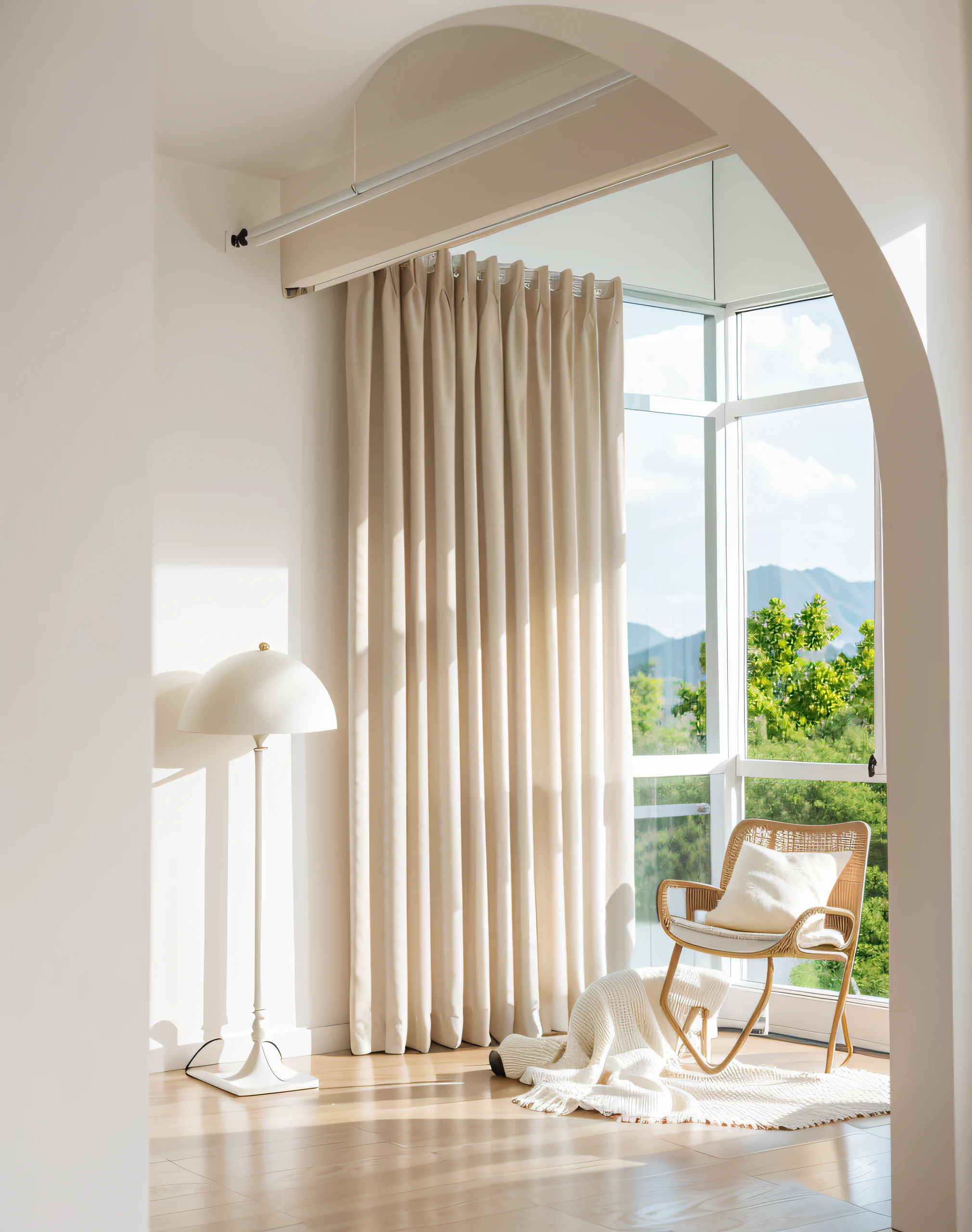 Great view from the living room,Equipped with table and chairs, hermosas cortinas, curtain, 窗帘, draped drapes, Curtains, cream - colored room, Modern studio light pastel colors, 30 mm, 30mm, 3 0 mm, natural window lighting, indoor smooth light, background made of big curtains, light cream and white colors