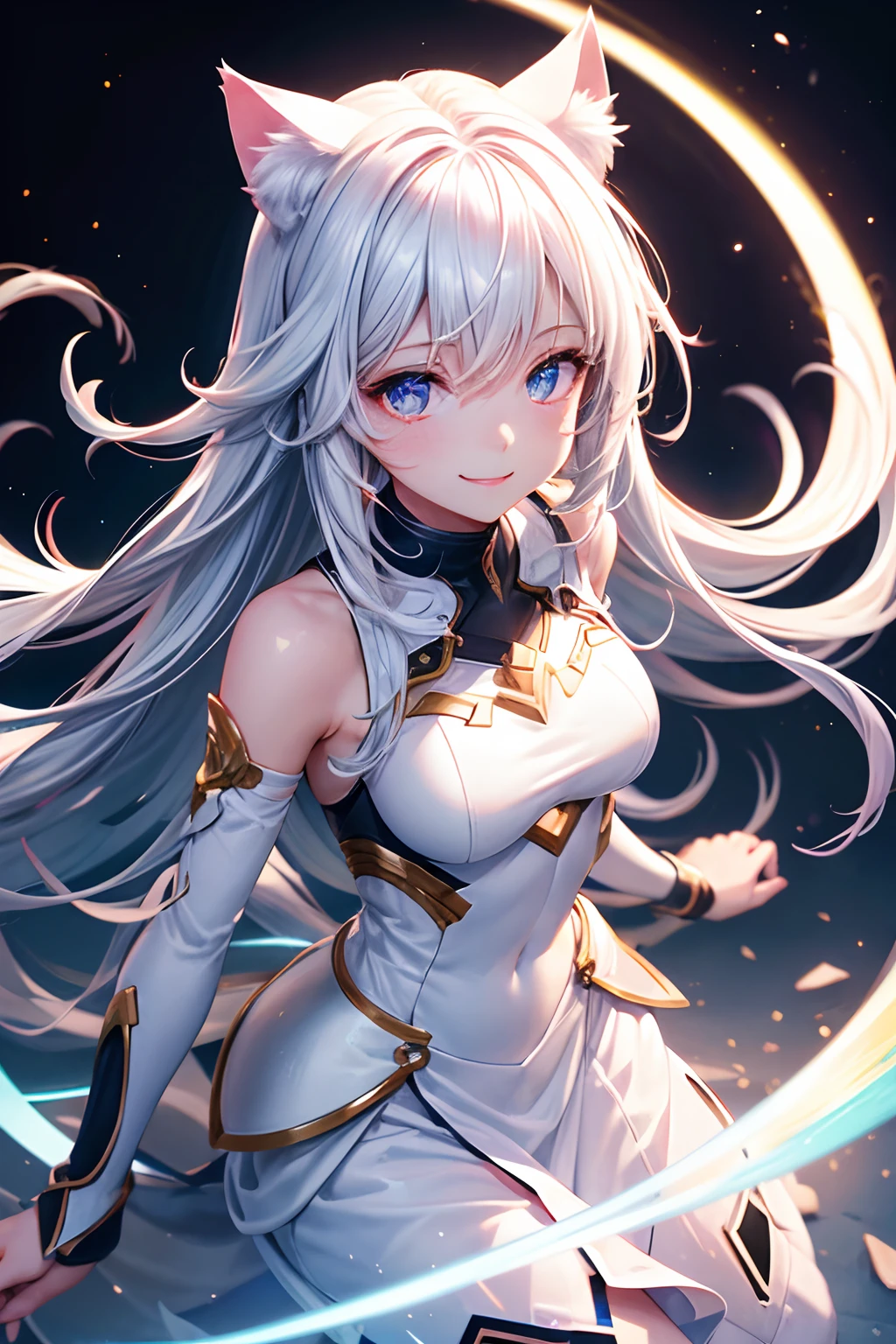 Top quality, high resolution, perfect human structure, figure focus, front view, glowing hair, glowing eyes, white clothing, cat ears, medium chest, happy smile, in store, lots of toys in background, gradient eyes, swept bangs,