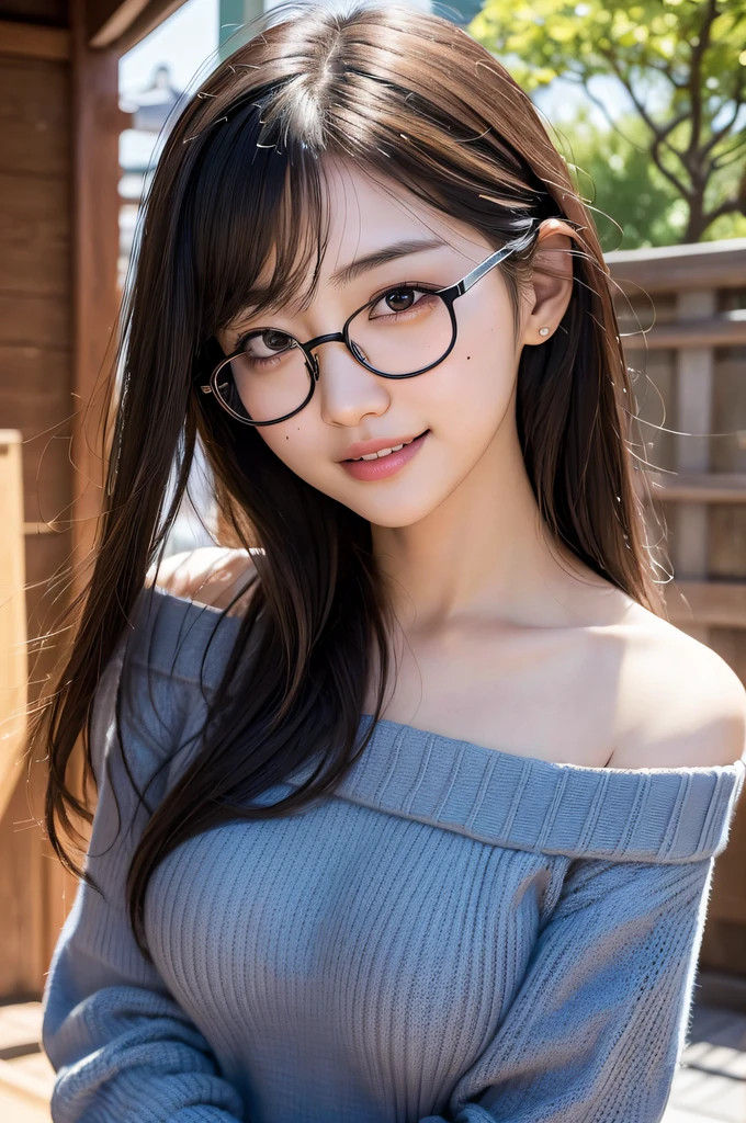 ((japanaese girl)), 8K, Raw photo, Best Quality, ultra-detailliert, Ultra High Resolution, Realistic, photographrealistic, high-definition RAW color photography, professional photograpy, Extremely detailed, 8K Wallpaper, amazing, finely detail, Huge file size, extra detailed face, extremely detailed eye, highlydetailed skin, extremely detailed fingers, highly detailed nose, highly detail mouth, Perfect Anatomy, Highly detailed background, Realistic body, Good figure, blown hair, (Medium Hair), Cute face, Photography, (Happy smile), Perfect Skin, Perfect Anatomy, Large breasts, (Round glasses), (Off-the-shoulder knit), (Mole), ((atami)), high-angle shot, swept bangs, Full body shot,