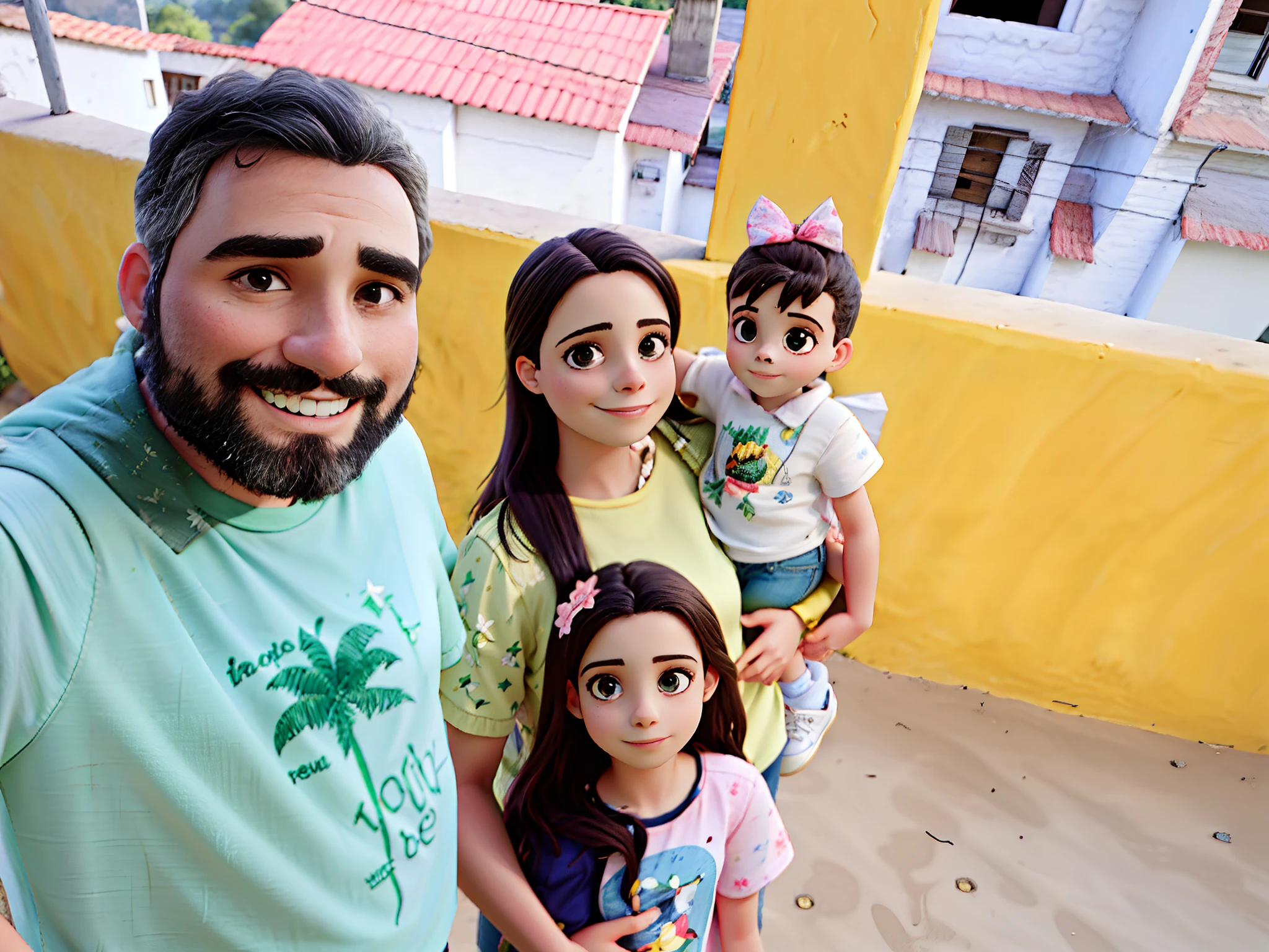 Beautiful family, reunida, todos felizes, num ambiente de sol e natureza.