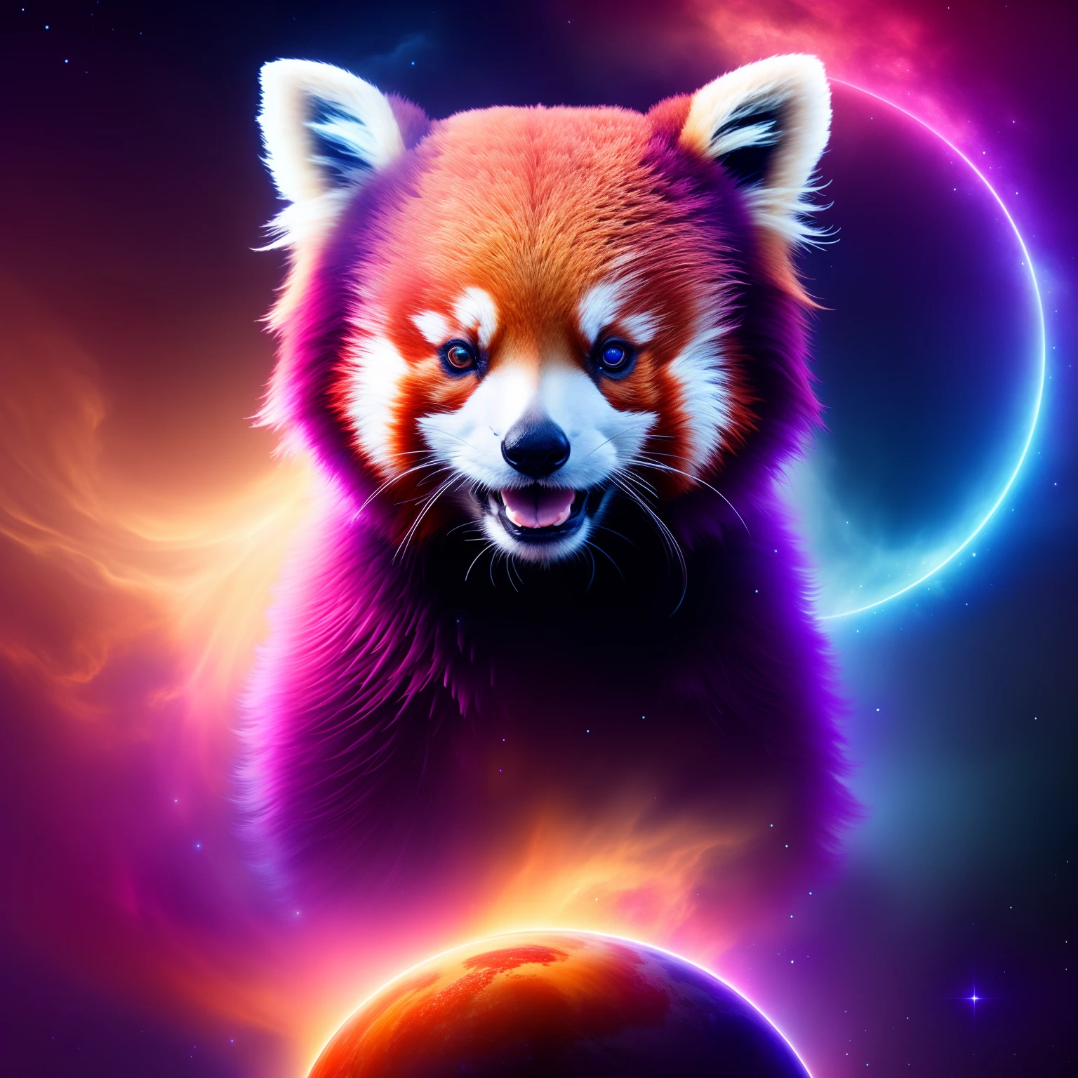 intergalactic、whirlpool、kosmos、nebulas、stele、fumo、Irridescent color、intricate detailes、Red Panda Shape、octane renderings、8k