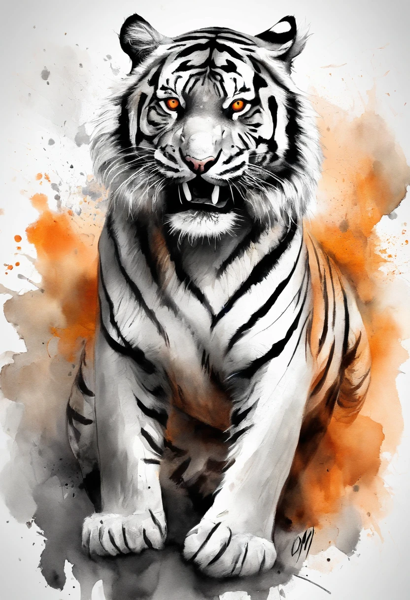 Black gray realistic tiger tattoo art with (((Orange eyes))) Features an ink splash sketch effect ,With his mouth open, he looked very fierce and angry