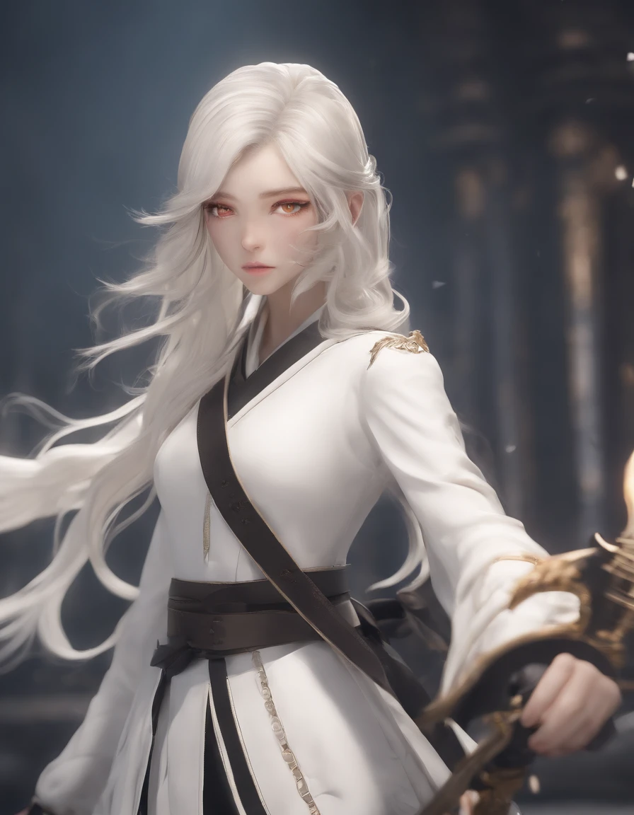 Black anime girl with long white hair in a white outfit, yellow eyes, with a sword, impatic genshin style