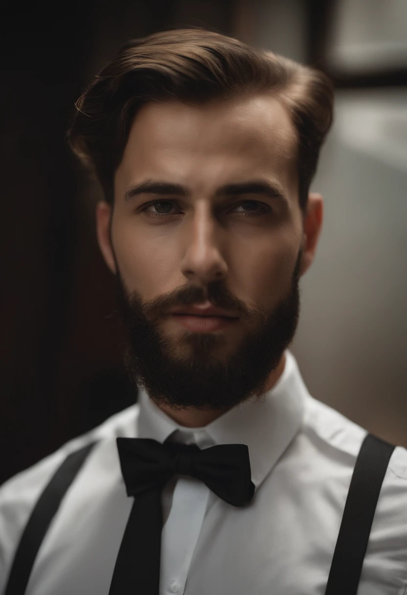 A 28-year-old man with a sawed-off beard and bald head wearing a white long-sleeved shirt and bow tie, boire du jus, In a dimly lit office, шедевр, beste-Qualit, 8K UHD, DSLR, grain de film, Photorealistic painting Fujifilm XT3 midjourney art and Greg Rutkowski, me regarde