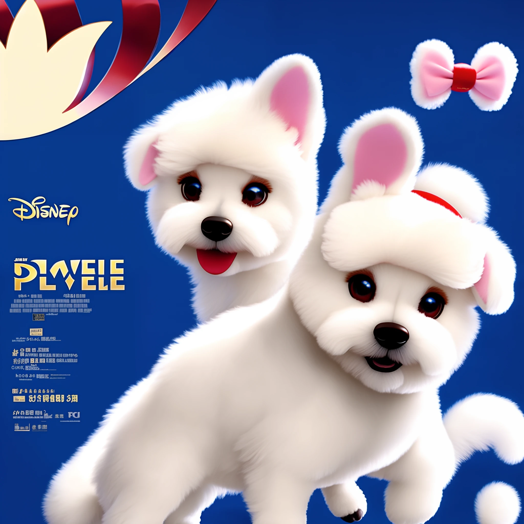 A movie poster with Disney logo.
The title is Remong.
Bichon Friese with small ears is laughing as she runs around in the snow.
a dog alone