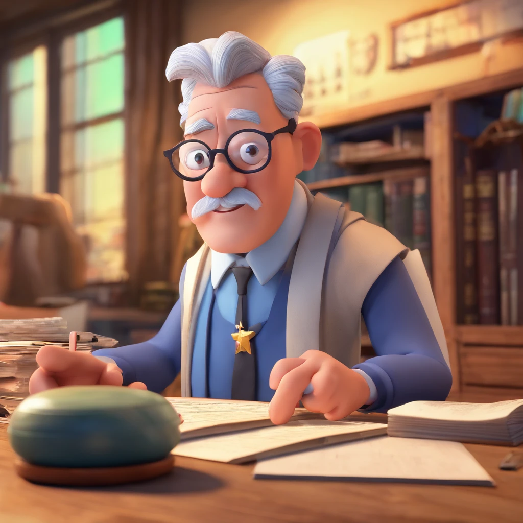 Crie um cartaz inspirado na Disney Pixar com o personagem sendo o pastor Rubens Janier, A gray-haired man wearing glasses, in an office with a Bible on the table