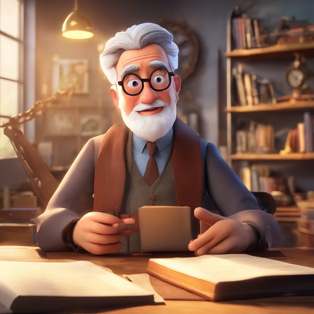Crie um cartaz inspirado na Disney Pixar com o personagem sendo o pastor Rubens Janier, A gray-haired man wearing glasses, in an office with a Bible on the table