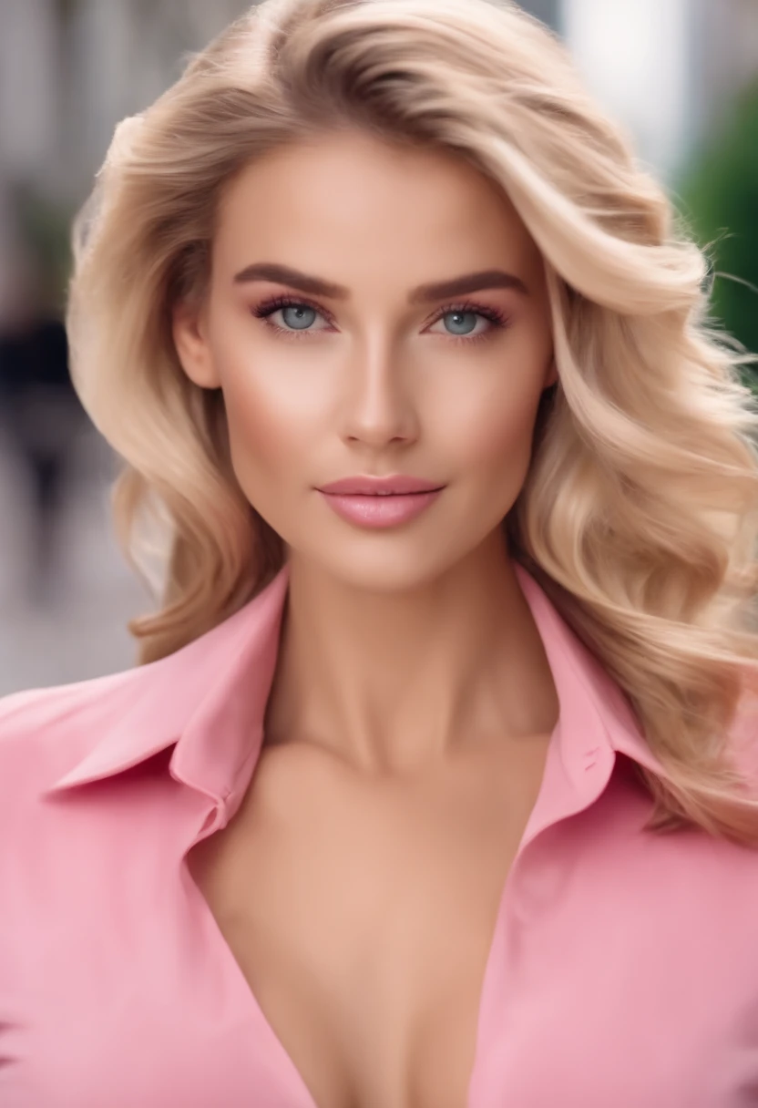 profissional, (4K Photo:1.1), High detail, Wearing pink business clothes, Rosto bonito e detalhado, hazelnut eyes, not too long blonde hair, Forma do corpo, vista para a cidade