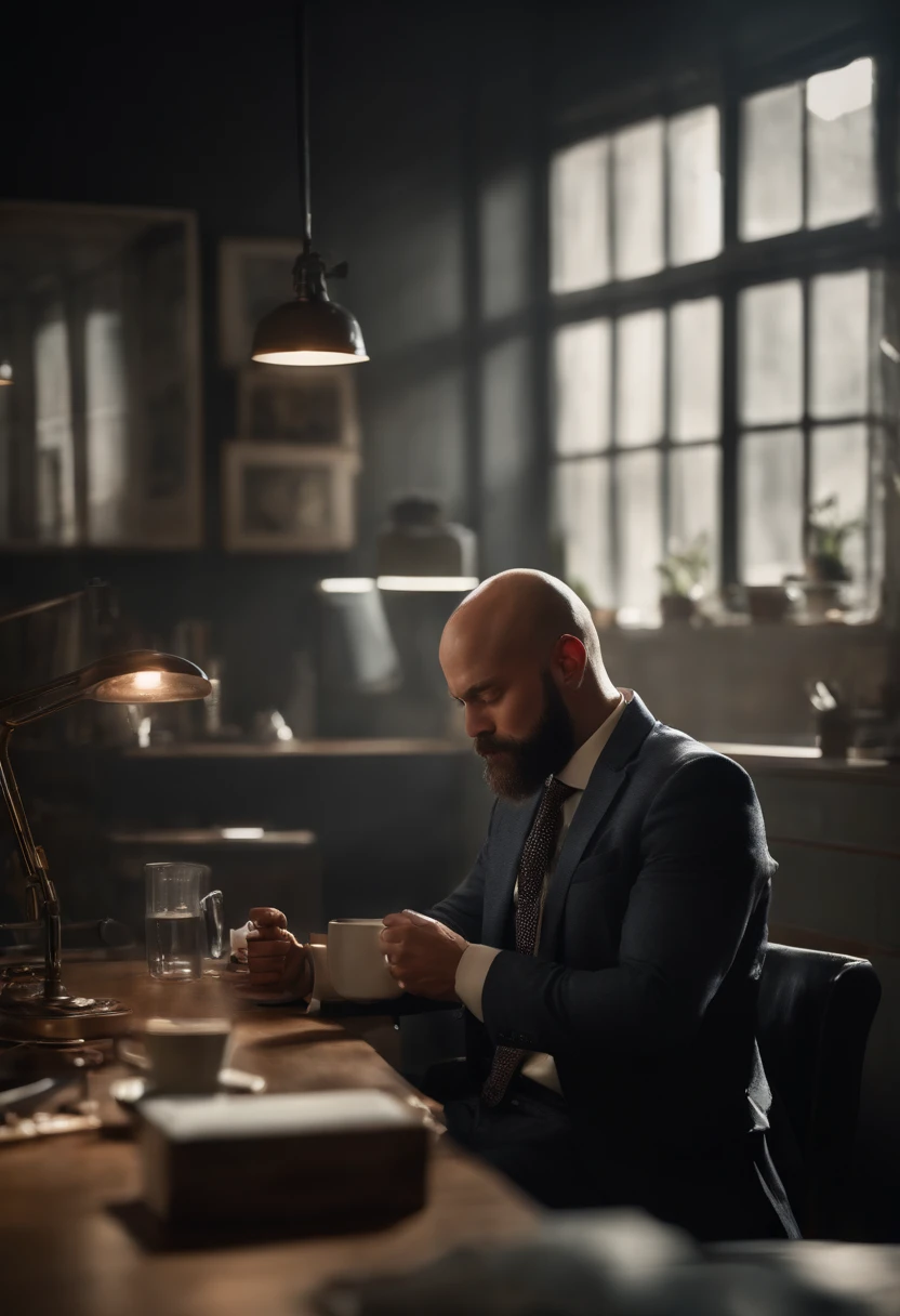 Um homem de 15 anos, with a sawed-off beard and bald head, vestindo camisa branca de manga comprida e gravata, drinking coffee, In a dimly lit office, Obra-prima, melhor qualidade, 8k UHD, DSLR, grain of film, Pintura fotorrealista Fujifilm XT3 midjourney art e Greg Rutkowski