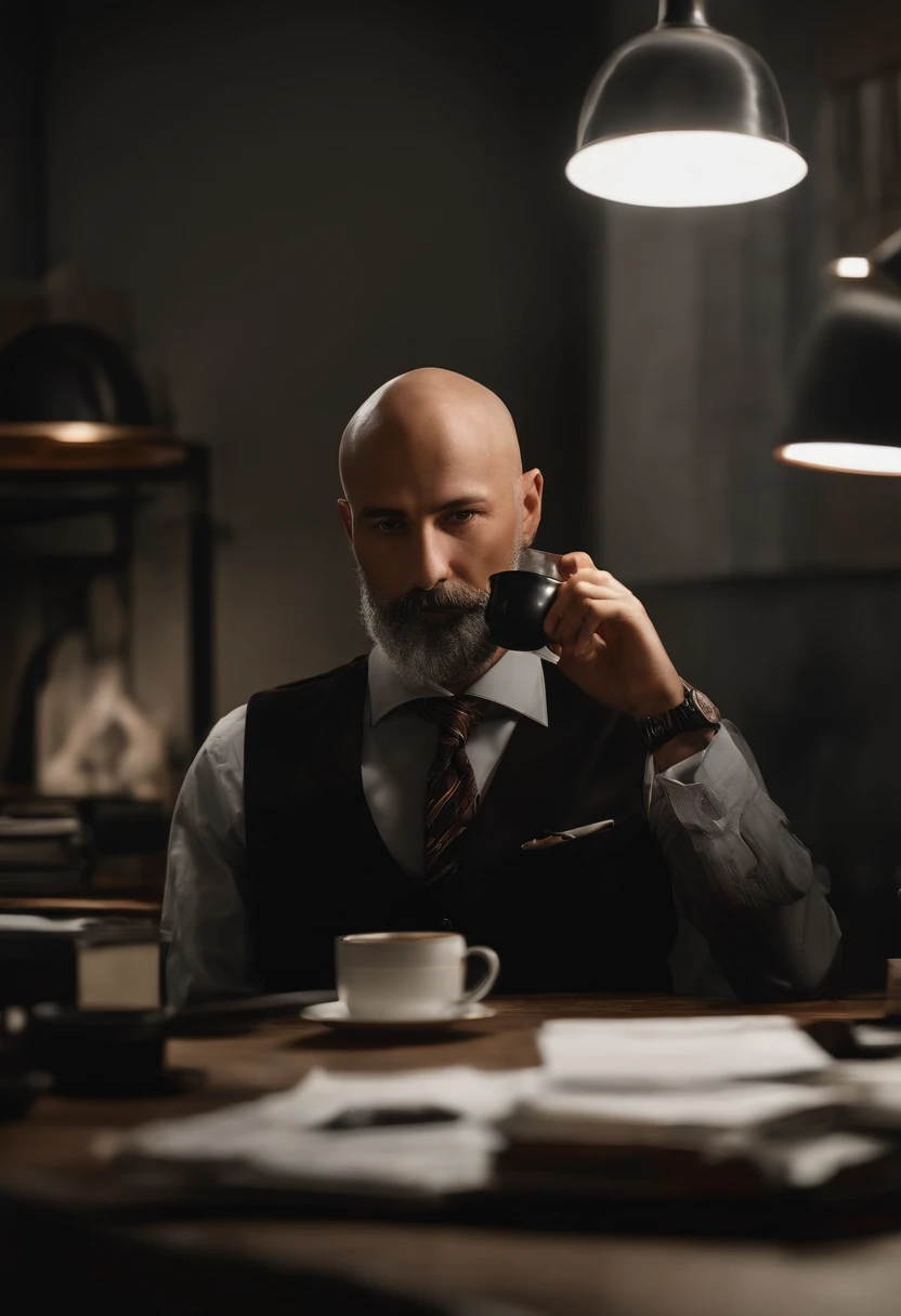 Um homem de 15 anos, with a sawed-off beard and bald head, vestindo camisa branca de manga comprida e gravata, drinking coffee, In a dimly lit office, Obra-prima, melhor qualidade, 8k UHD, DSLR, grain of film, Pintura fotorrealista Fujifilm XT3 midjourney art e Greg Rutkowski