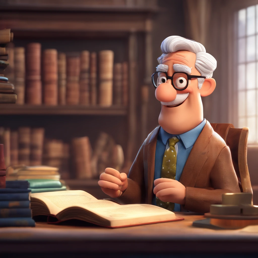 Crie um cartaz inspirado na Disney Pixar com o personagem sendo o pastor Rubens Janier, A gray-haired man wearing glasses, in an office with a Bible on the table
