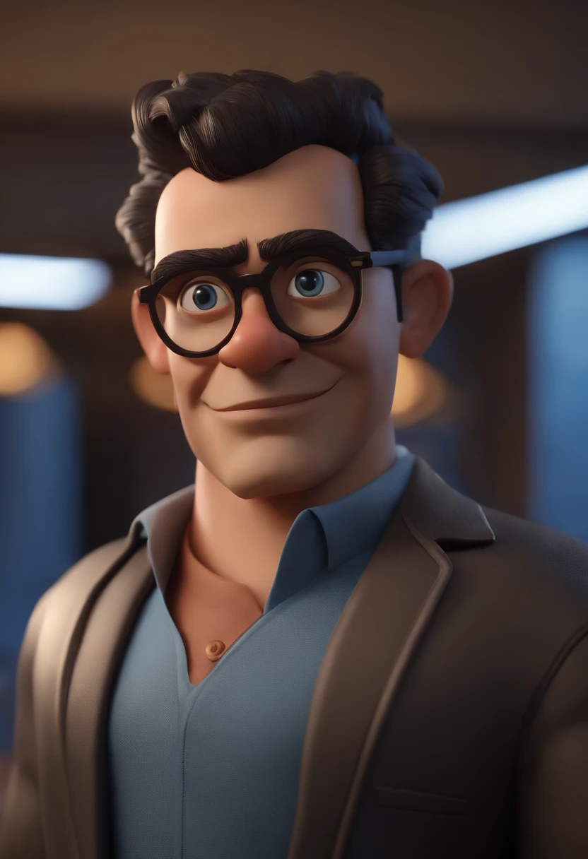 Cartoon character of a man with black glasses, cabelo cacheado marrom escuro e uma camisa azul, animation character, Caractere estilizado, animation style rendering, 3D estilizado, Arnold Maya render, 3 d render stylized, toon render keyshot, Personagem 3D, Personagem 3D, 3d rendering stylized, 3 d character render, personagem de desenho animado, Personagem de close up, Pose de personagem, (Estilo Pixar) (master part:1.2) (Bokeh) (best quality) (pele detalhada) (textura detalhada) (8k) (argila) (Cinematic lighting) (foco nítido