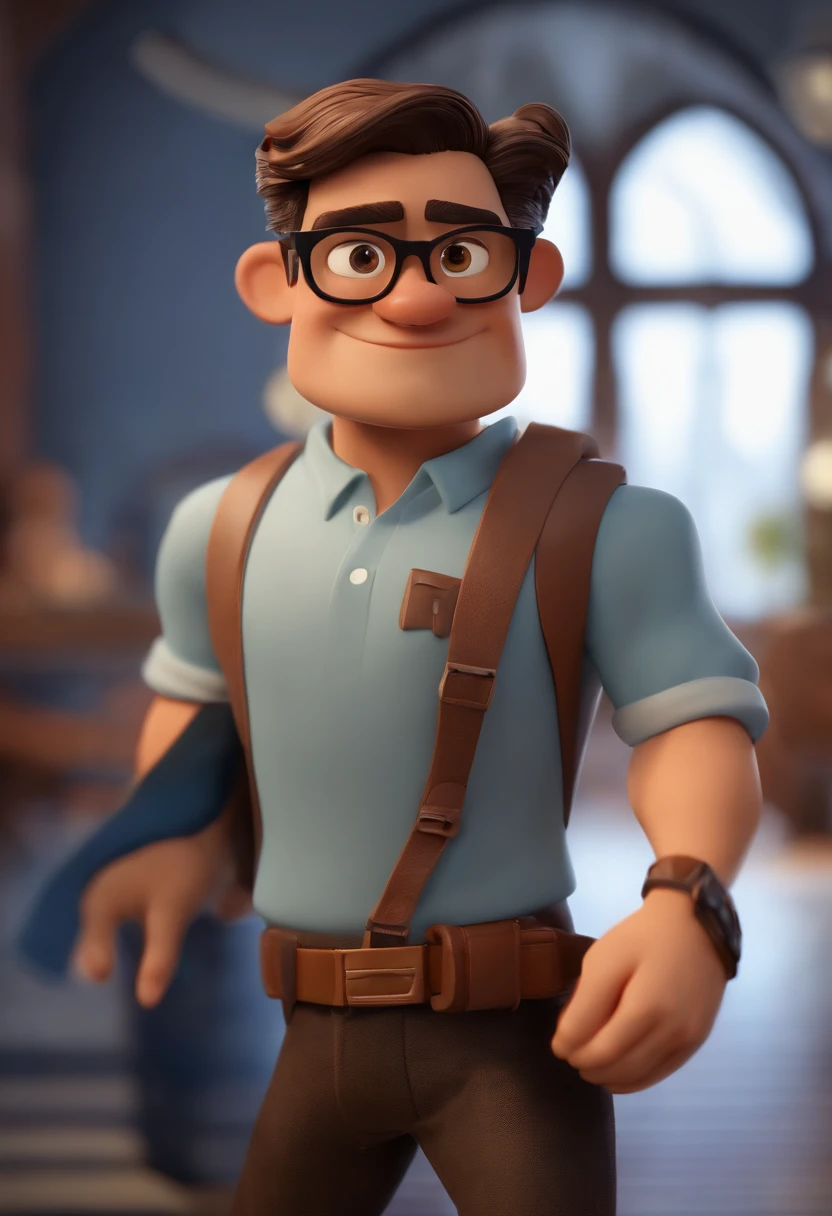 Cartoon character of a man with black glasses, cabelo cacheado marrom escuro e uma camisa azul, animation character, Caractere estilizado, animation style rendering, 3D estilizado, Arnold Maya render, 3 d render stylized, toon render keyshot, Personagem 3D, Personagem 3D, 3d rendering stylized, 3 d character render, personagem de desenho animado, Personagem de close up, Pose de personagem,  (Estilo Pixar) (master part:1.2) (Bokeh) (best quality) (pele detalhada) (textura detalhada) (8k) (argila) (Cinematic lighting) (foco nítido