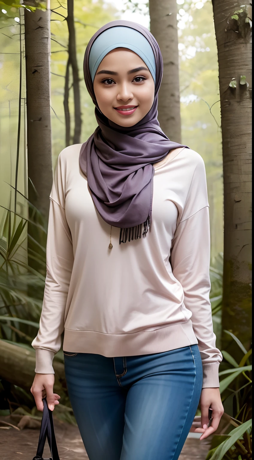 RAW, Best quality, high resolution, masterpiece: 1.3), beautiful Malay woman in hijab (iu:0.8),Best quality, high resolution, Masterpiece: 1.3, Beautiful hijabi malay girl, Masterpiece, Soft smile,Beautiful Malay women wear pastel color hijab walking fantasi forest, bright sunshine, hiking clothes, pullover, long pants, highres,4k,HDR,1girl, photorealistic, realistic,sweat skin, wet clothes, wet body, big breast, ((full body))soaked, dripping, smiling at viewer, closeup