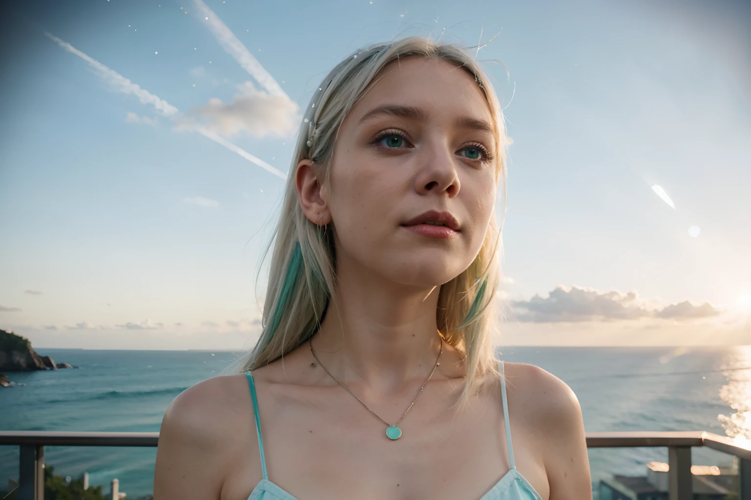 Realistic white-haired girl with green hair looking up. Her face is lit up by the warm setting sun. Behind the stars and the sea. The girl can only be seen up to her shoulders, She wears a blue pendant around her neck. The girl is wearing a white shirt. The girl has a faint face