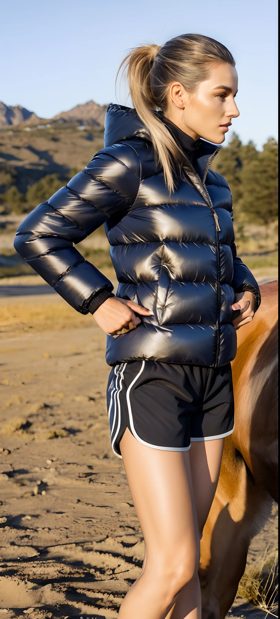 There's a woman in a black jacket and shorts next to a horse, Moncler Metallic Silver Jacket, Swollen short pants, Black jacket | reluzente, Jaqueta Moncler, mulher curta robusta, de bermuda, roupas esportivas, metallic neoprene woman, retrato lateral, jaqueta puffer, brilhante brilhante reflexivo, roupas esportivas, com dois bolsos frontais
