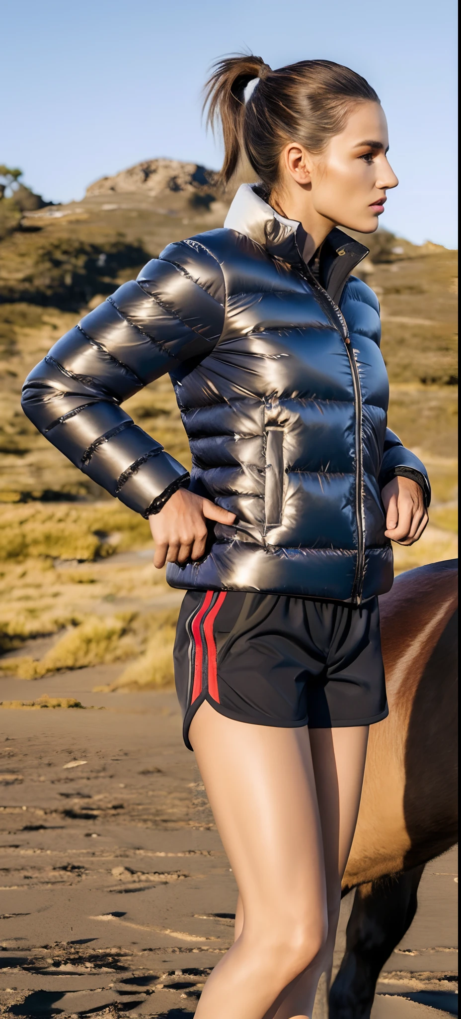 There's a woman in a black jacket and shorts next to a horse, Moncler Metallic Silver Jacket, Swollen short pants, Black jacket | reluzente, Jaqueta Moncler, mulher curta robusta, de bermuda, roupas esportivas, metallic neoprene woman, retrato lateral, jaqueta puffer, brilhante brilhante reflexivo, roupas esportivas, com dois bolsos frontais