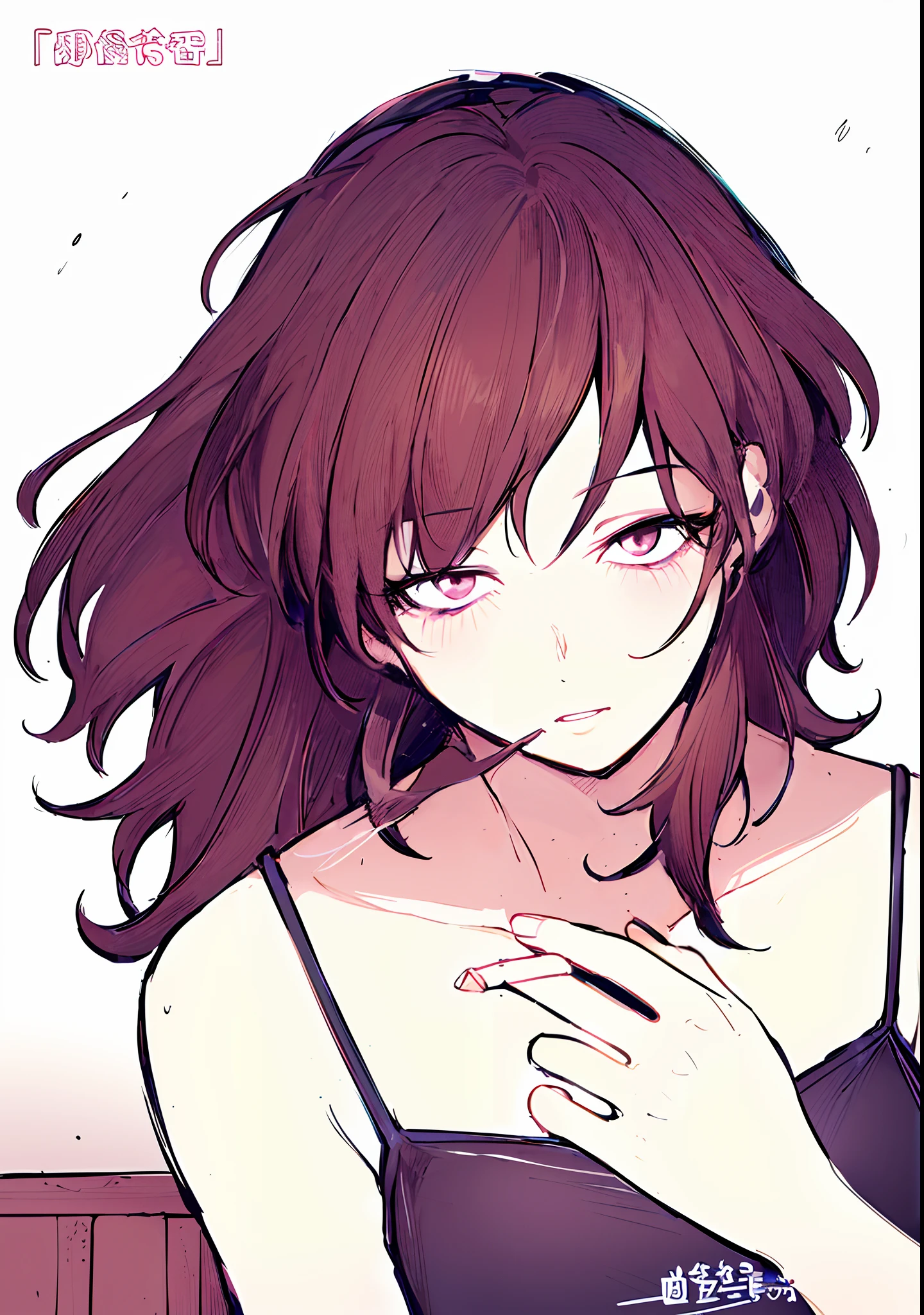 A painting of a woman with long hair and a bra top, & her expression is solemn, akane owari danganronpa, (Anime girl), in an anime style, tatsumaki, seductive anime girls, inspirado em Okumura Masanobu, subtle anime style, anime sketch, semirealistic anime style,short and wavy hair,messy hair