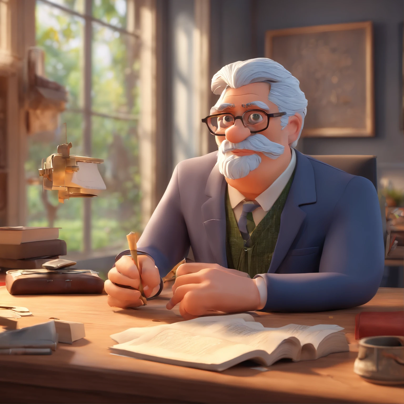 Crie um cartaz inspirado na Disney Pixar com o personagem sendo o pastor Rubens Janier, A gray-haired man wearing glasses, in an office with a Bible on the table