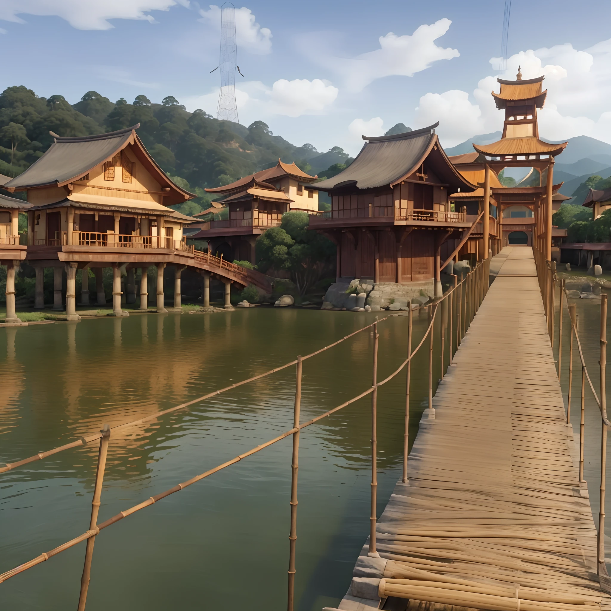 3d animation of this scene,traditional same building,same orange bridge has a base made of bamboo and pillars made of iron,The bridge handles on both sides are made of thin iron and are orange in color.Hills with lots of trees, there are electric towers , same clear water