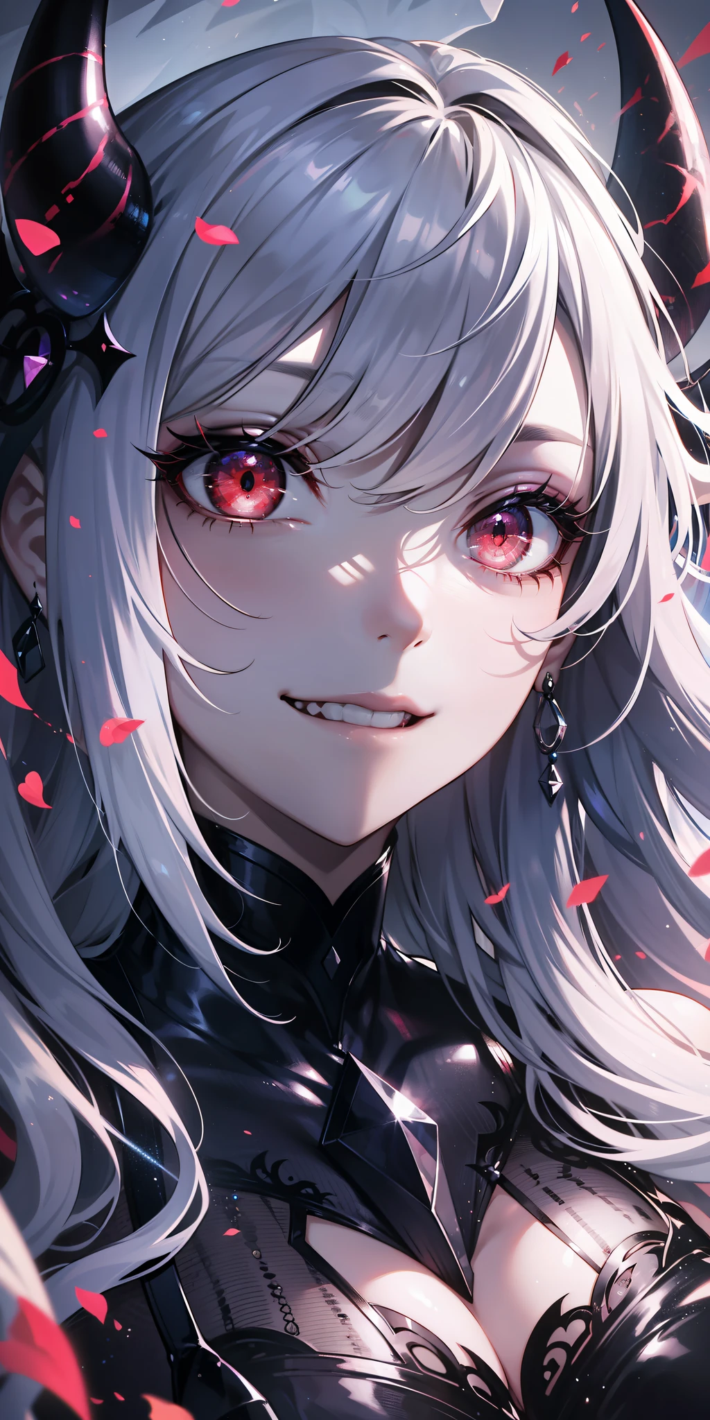 tag: 1girl, solo, ((extremely detailed cg unity 8k wallpaper)), masterpiece, best quality, ((ultra-detailed)), best shadow, multicolored background, illustration, (beautiful detailed face), floating hair, dynamic angle, high contrast, best illumination, an extremely delicate and beautiful, (hyper detail), (Beautiful face:1.2), (smile:1.0), gothic, knight armor, monochrome, veil on face, creepy smile, sadistic smile, demonic red eyes, oni horns, dynamic pose