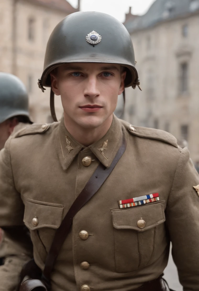 A young male soldier of the German Wehrmacht in World War II,blonde with blue eyes,Handsome face,With a steel helmet,Walk in a run-down city,There was blood and fire all around。