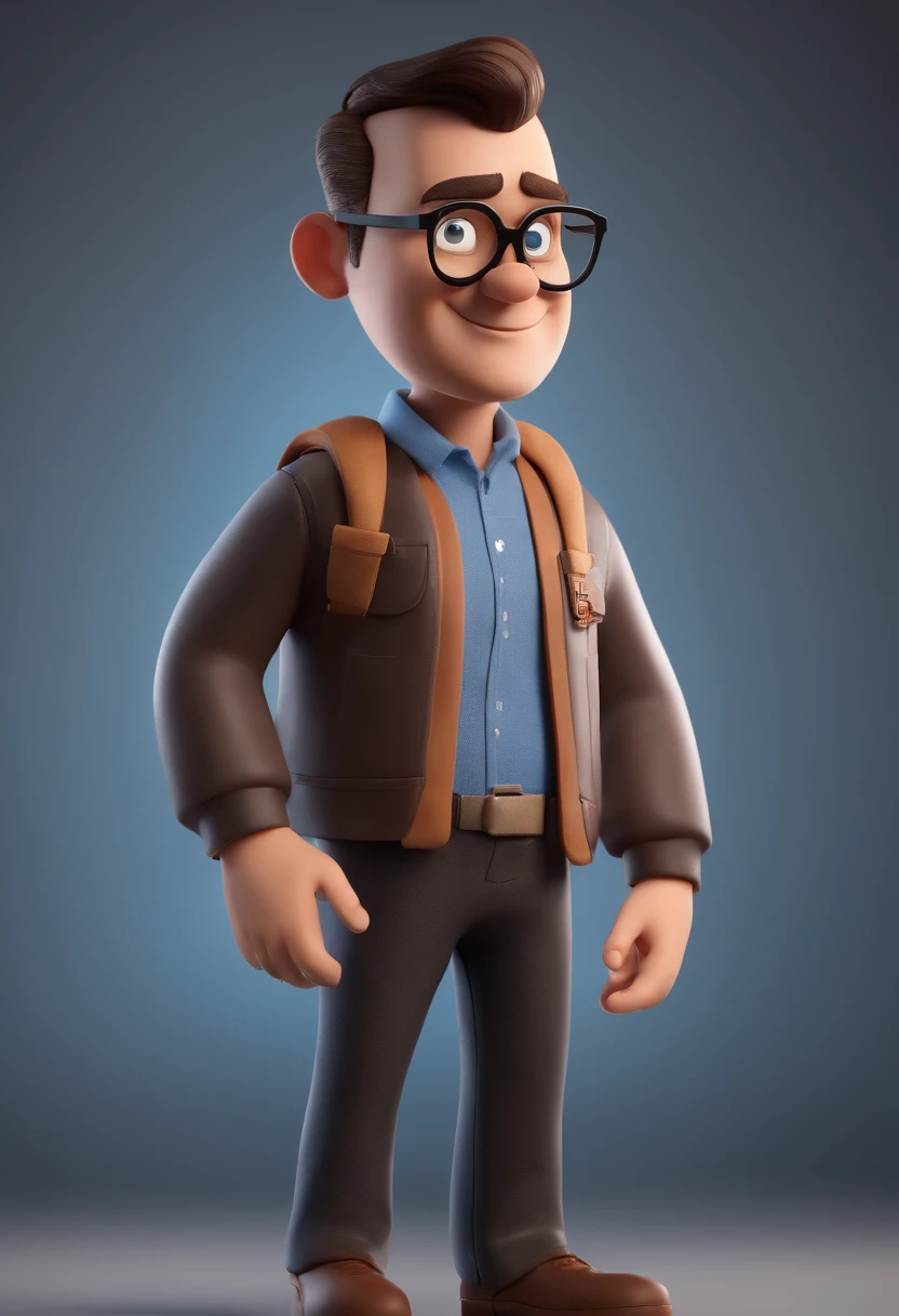 Cartoon character of a man wearing black glasses and a blue shirt, um personagem animado, Caractere estilizado, animation style rendering, 3D estilizado, Arnold Maya render, 3 d render stylized, toon render keyshot, Personagem 3D, Personagem 3D, 3d rendering stylized, 3 d character render, personagem de desenho animado, Personagem de close up, Pose de personagem, (Estilo Pixar) (master part:1.2) (Bokeh) (best quality) (pele detalhada) (textura detalhada) (8k) (argila) (Cinematic lighting) (foco nítido,Senta e vaza a parte superior do corpo
