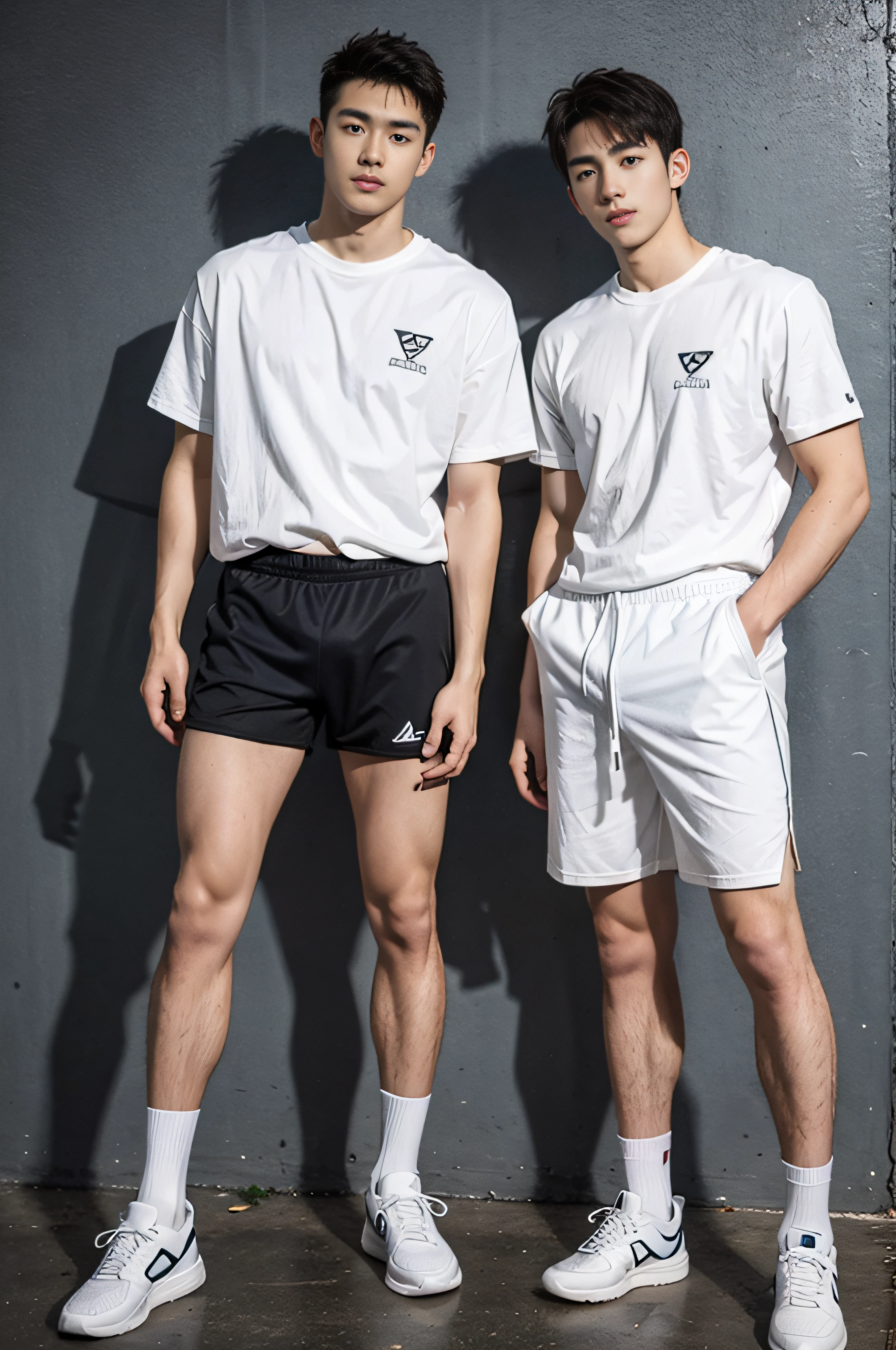 2 Young people，Handsome，musculous，hairy bodies，athletic sneakers，White  socks，White sports shorts（Detailed eyes：1.3），Black eyes，full bodyesbian，