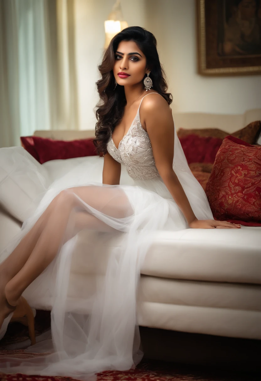 "Captivating and stunning fit 21 year old indian girl, effortlessly lounging on a luxurious sofa, legs gracefully crossed, bathed in soft ambient light, full-body portrait, adorned in transparent baby doll lingerie, side boob, strikingly realistic, engaging gaze towards the viewer, hidden hands, sexy pose