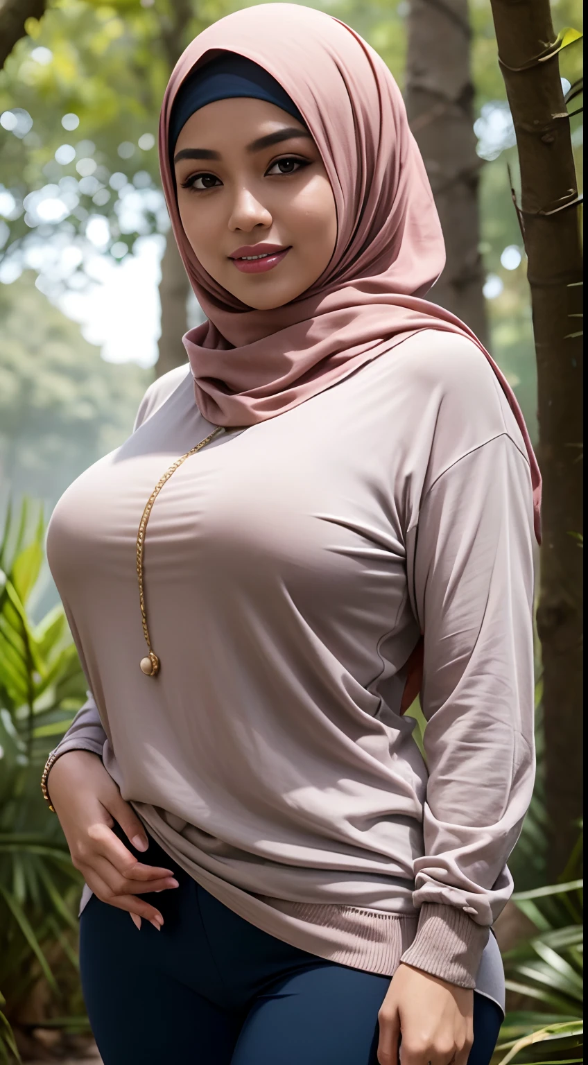 RAW, Best quality, high resolution, masterpiece: 1.3), beautiful Malay woman in hijab (iu:0.8),Best quality, high resolution, Masterpiece: 1.3, Beautiful  hijabi malay girl, Masterpiece, Soft smile,Beautiful Malay women wear pastel color hijab walking fantasi forest, bright sunshine, hiking clothes, pullover, long pants, highres,4k,HDR,1girl, photorealistic, realistic,sweat skin, wet clothes, wet body, big breast, ((full body))soaked, dripping, smiling at viewer, closeup